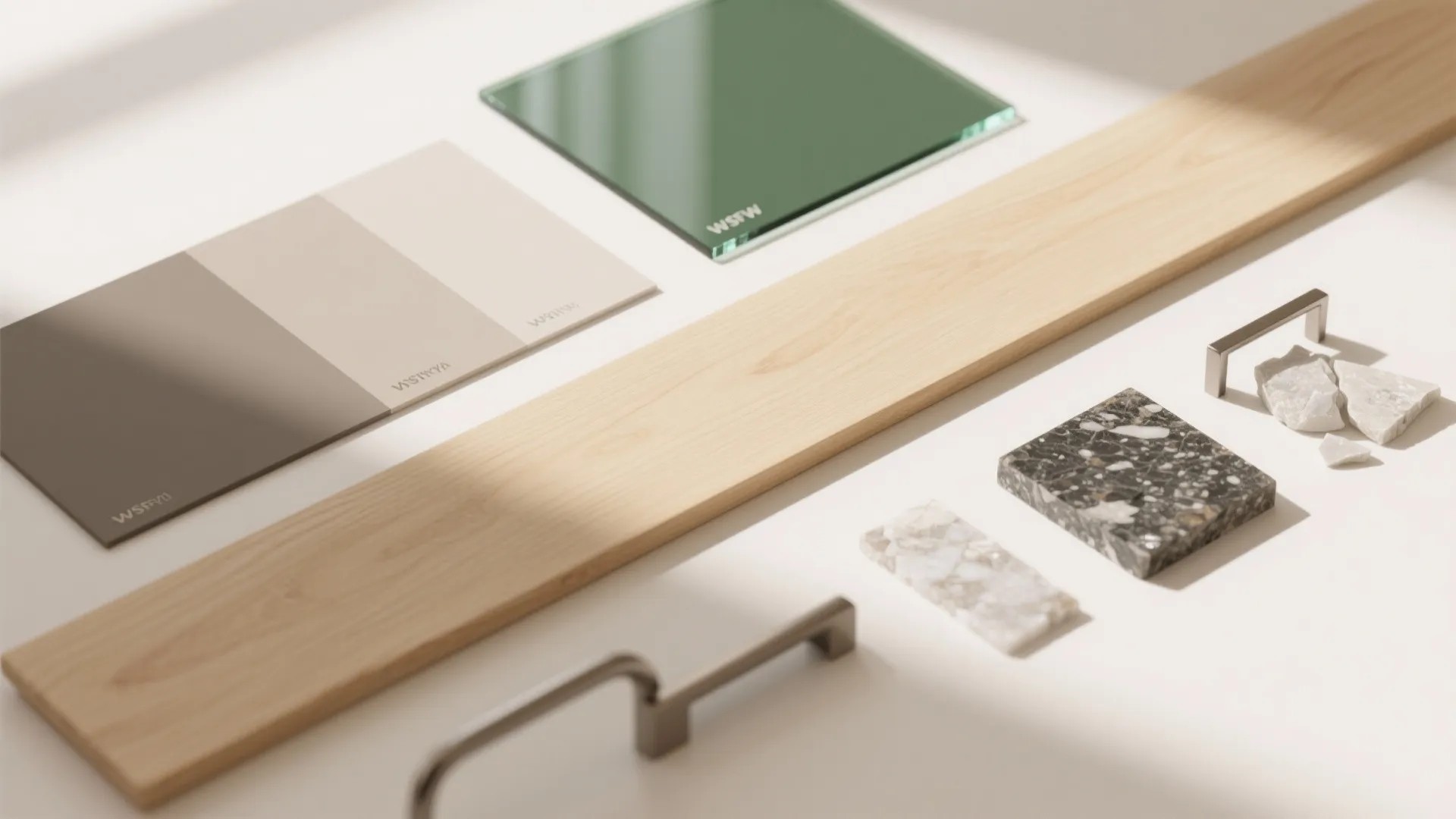 Material mix with warm wood and a light-reflective backsplash