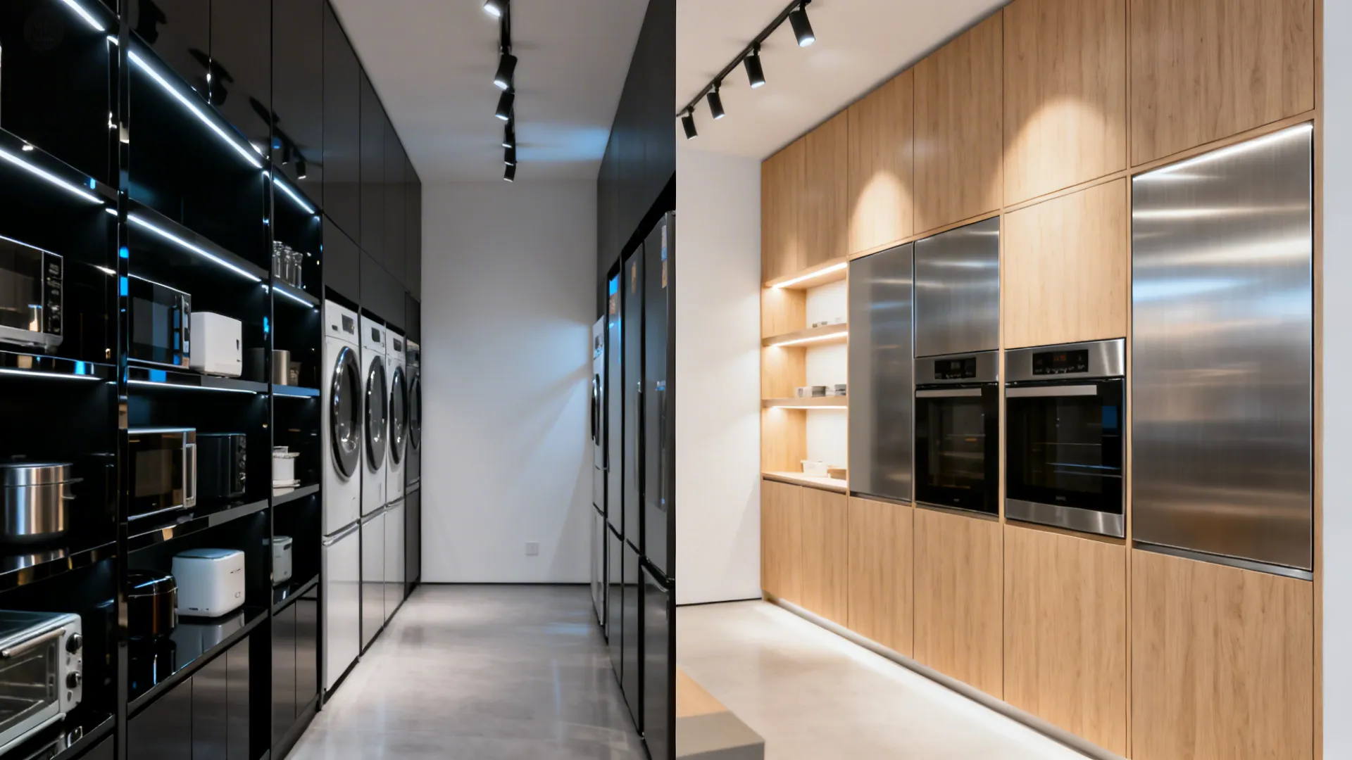Side by side comparison of a dark modern laundry room and a warm wood kitchen