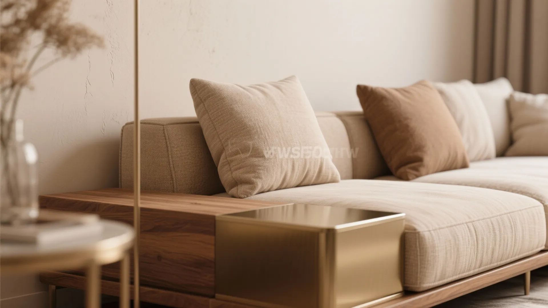 Modern beige sofa with soft pillows next to a wooden side table and gold coffee table