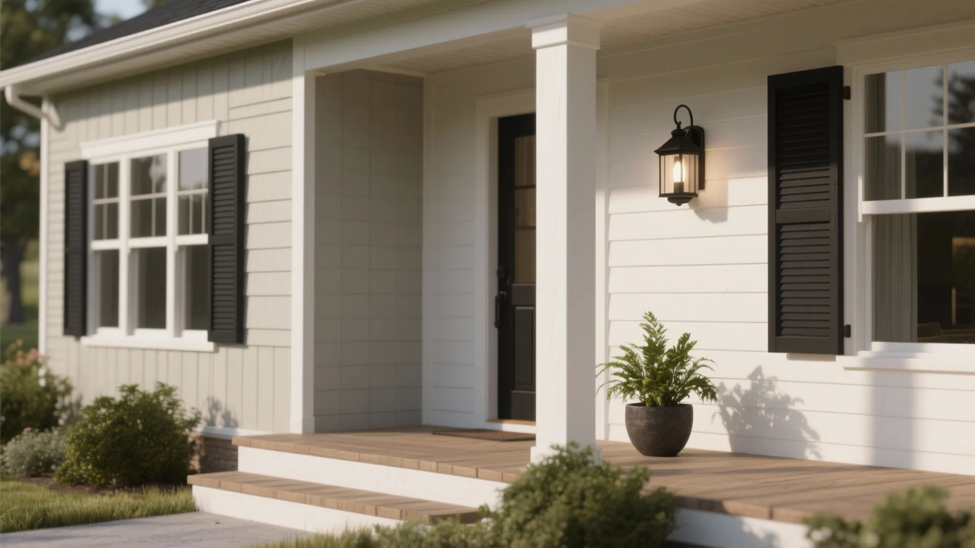 Front porch of a house with white walls, black door, wall light, and green plant
