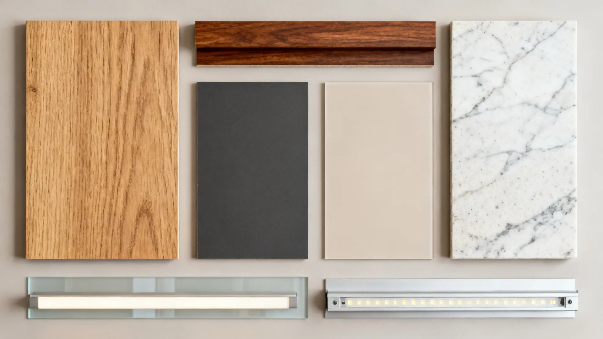 Material board showing wood panels marble slab grey tile beige surface and two light fixtures