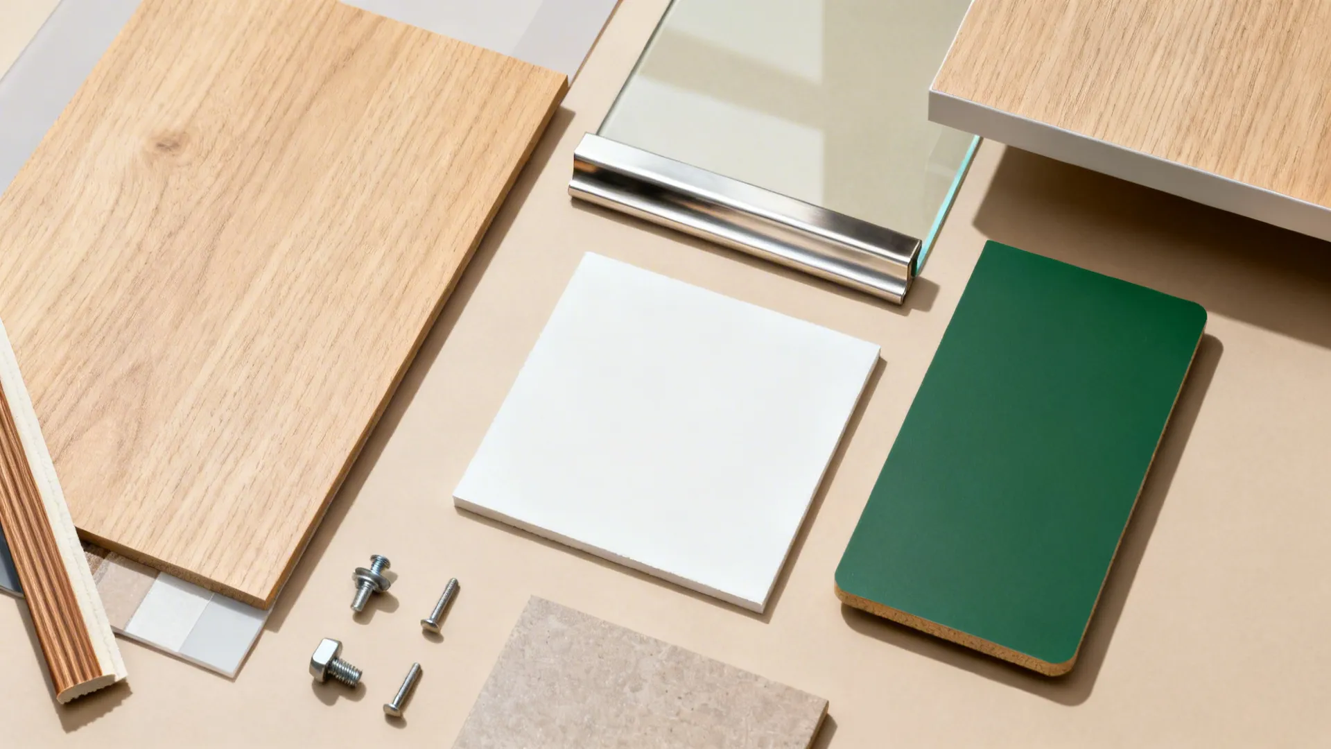 Flat lay of wood panels green board white tile glass and screws for interior room design