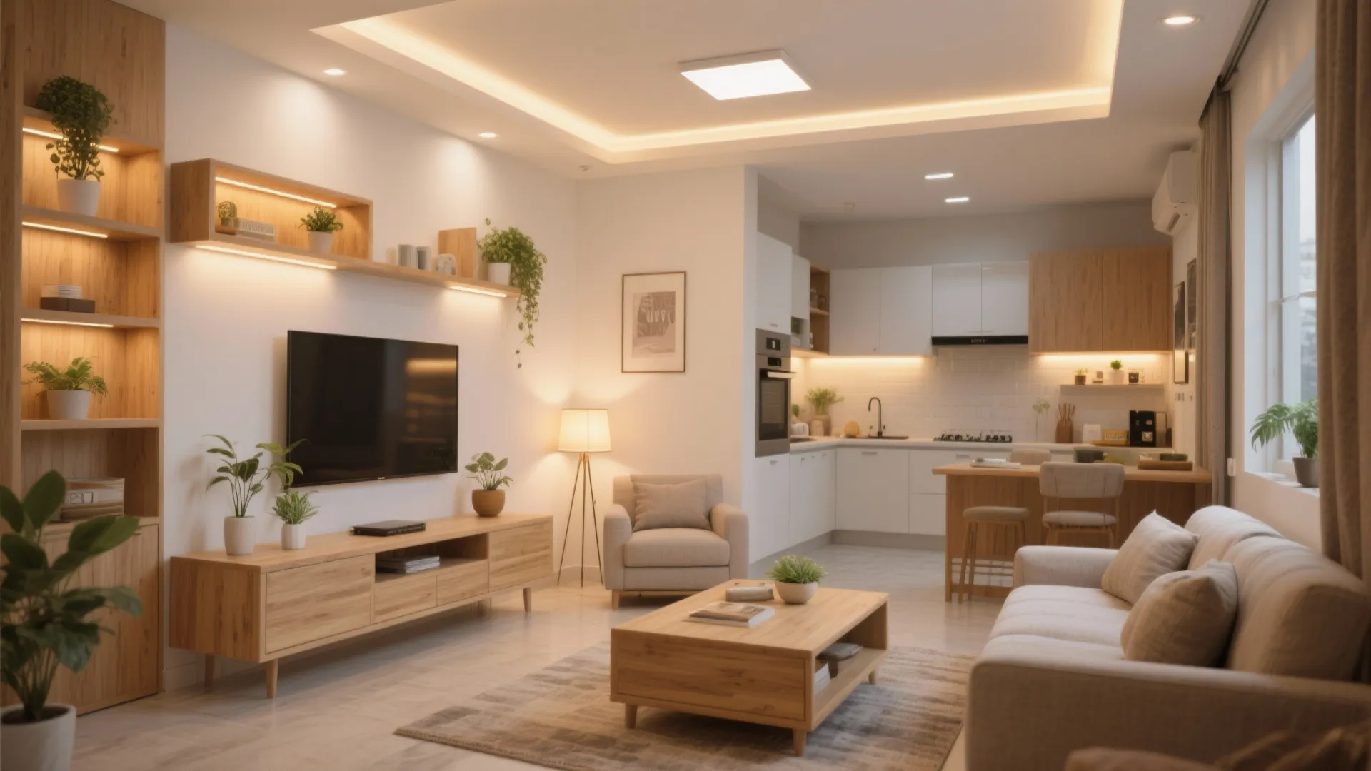 Warm modern palette: wood accents, soft whites, and task lighting