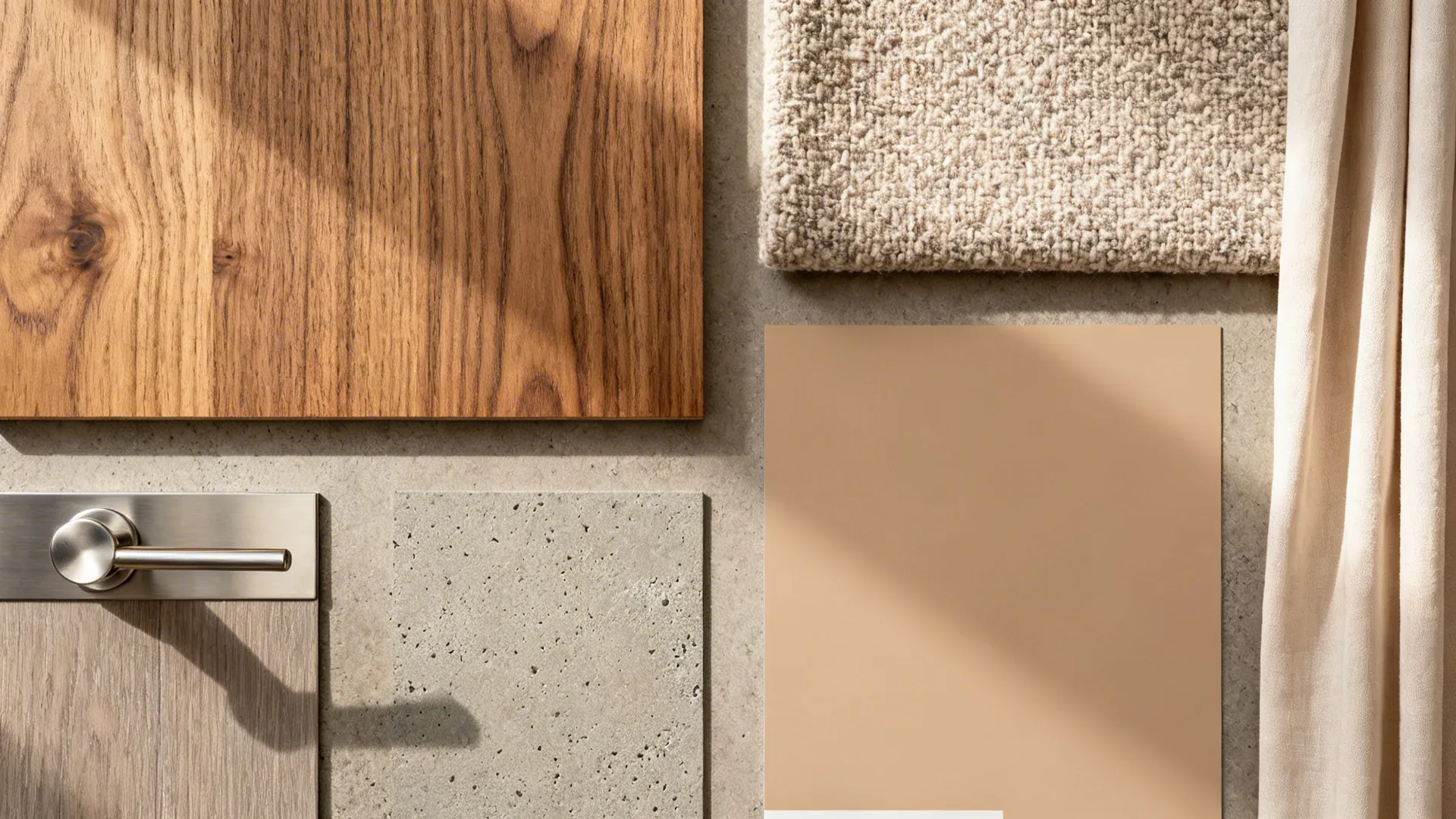Interior design material board with wood panel rug fabric door handle and beige color paint