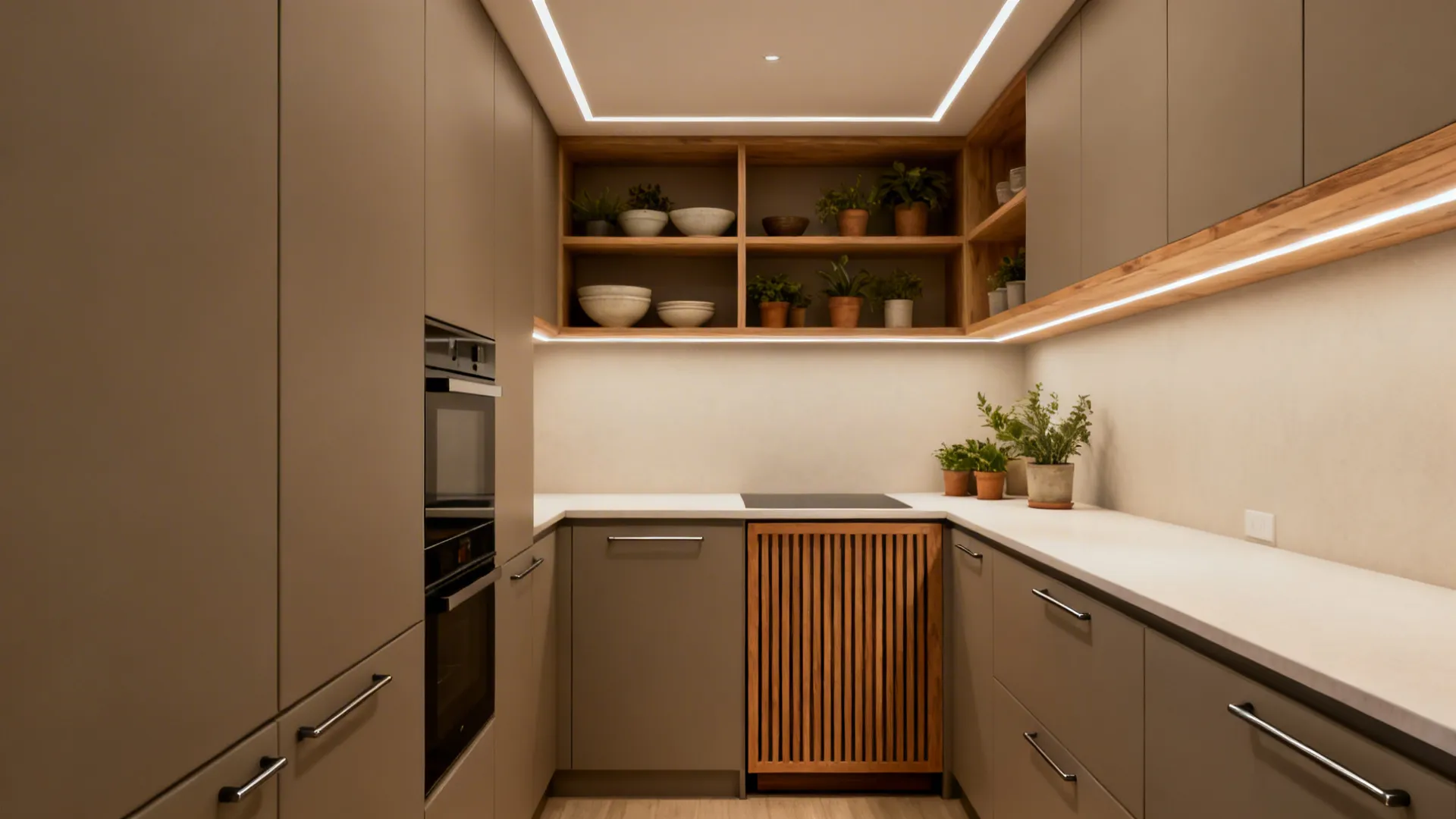 Compact modern kitchen with matte neutral cabinets and white oak shelves, trim, and tambour appliance garage.