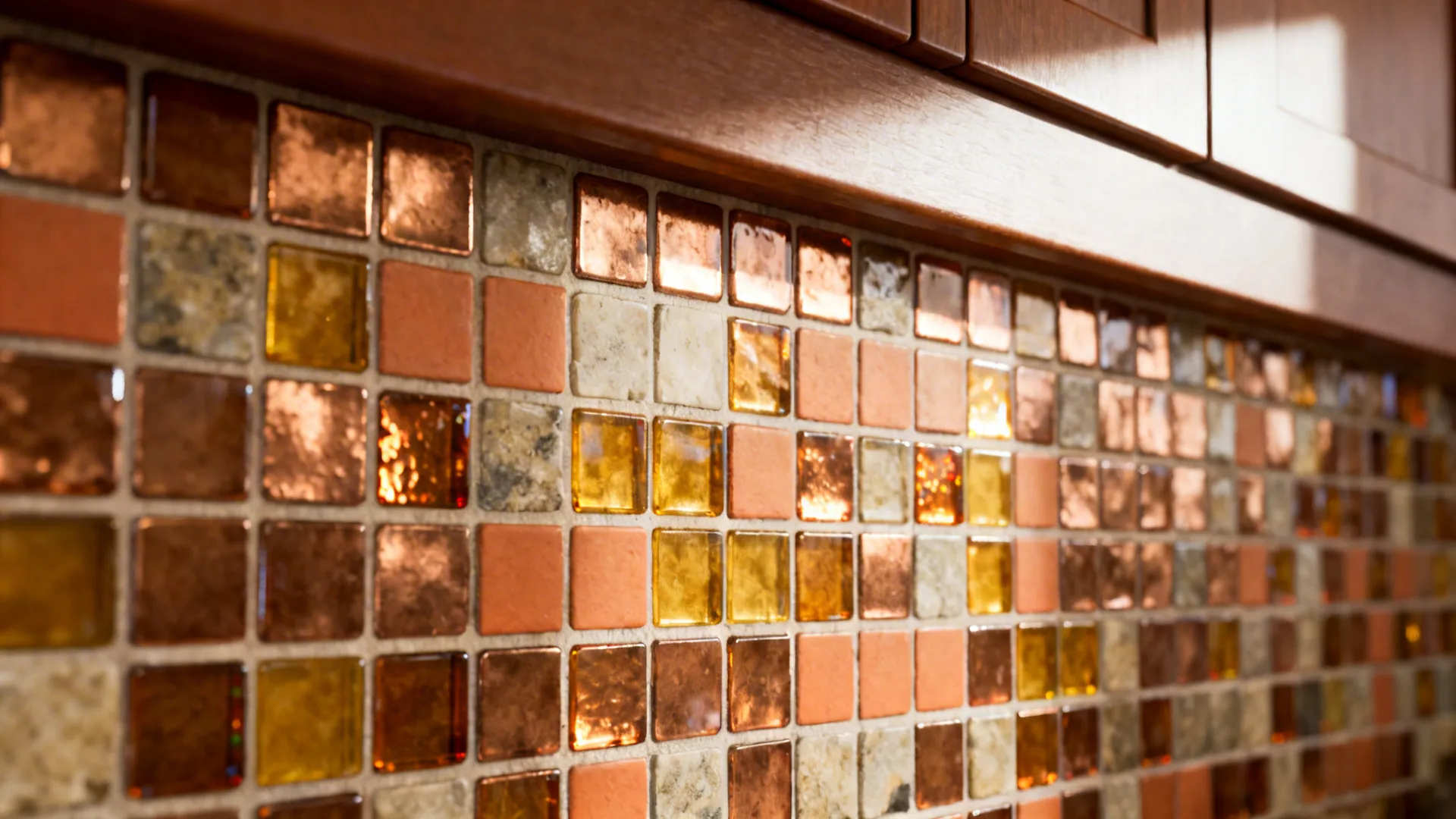 Close-up of copper, amber and terracotta mosaic tiles paired with brown cabinet edge.