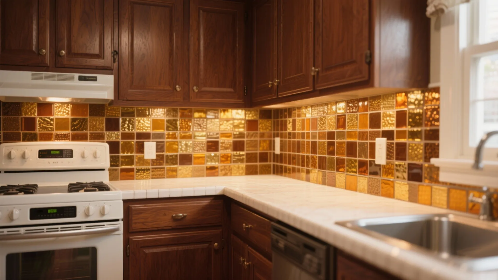 Dark wood kitchen cabinets with amber mosaic tile backsplash, white stove, and stainless steel sink