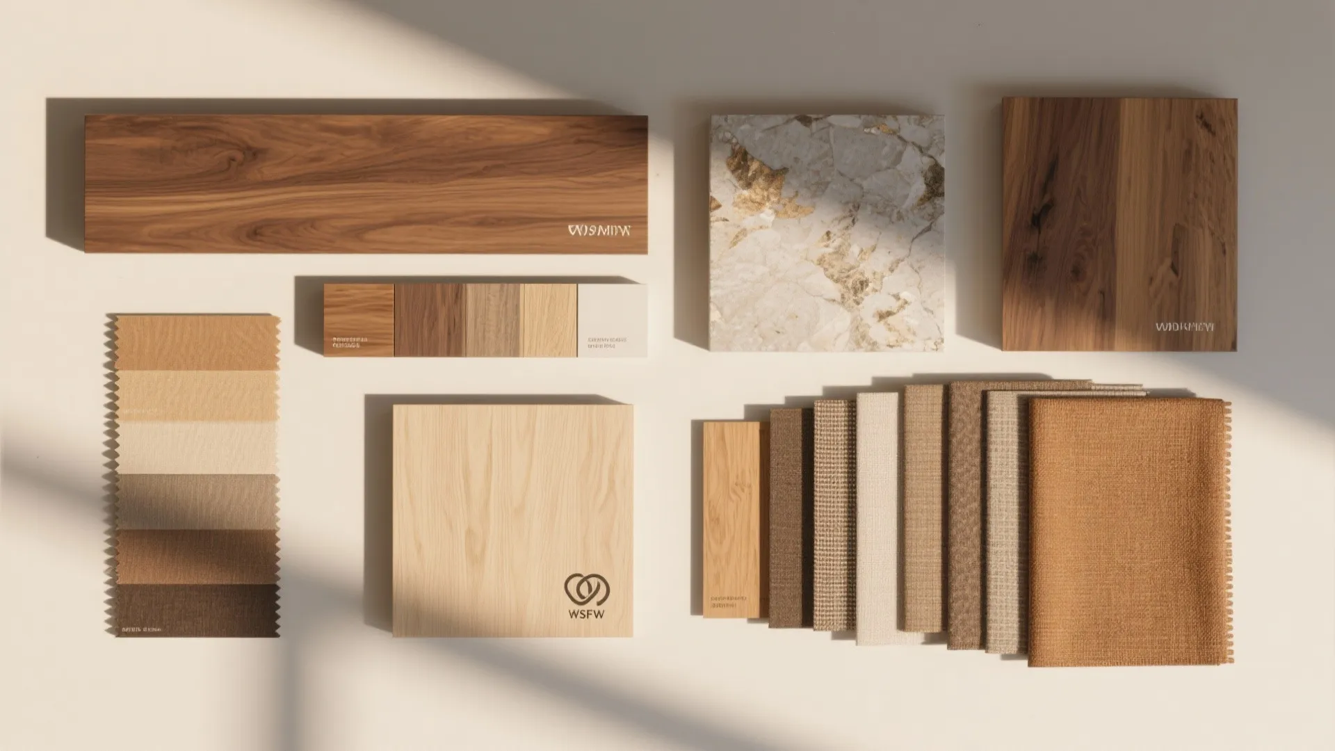 Flat lay of warm natural materials for meeting room design including wood and fabric swatches