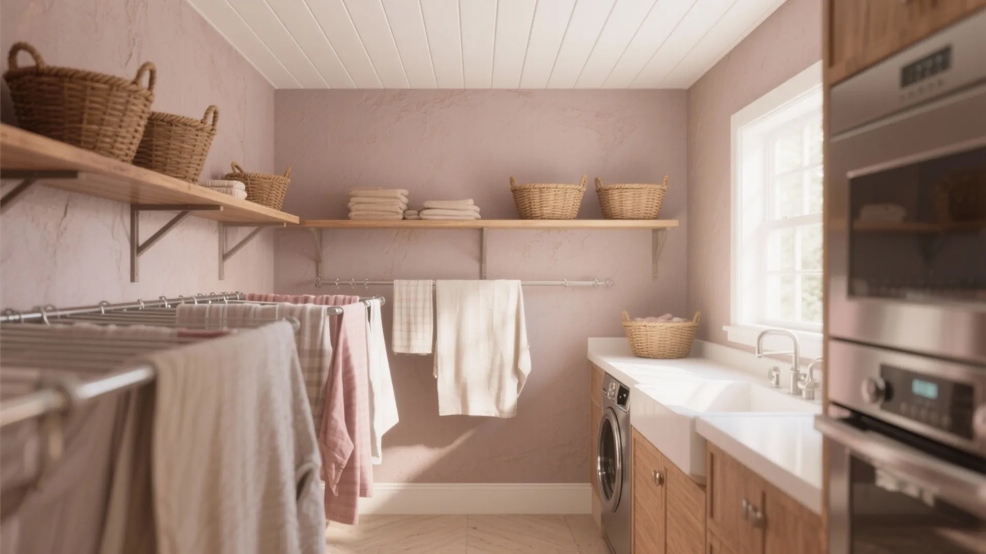Pink laundry room with wooden shelves, wicker baskets, drying rack, washing machine and white sink