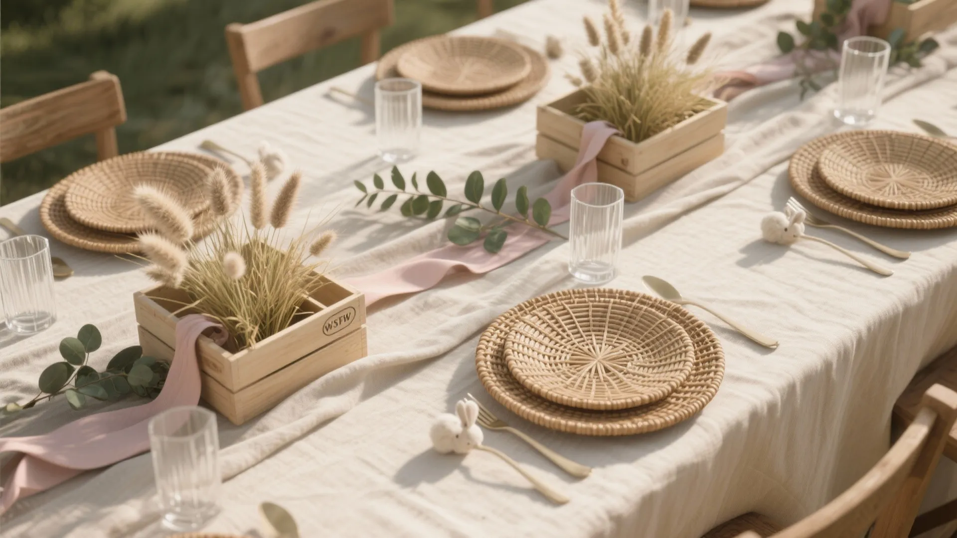 Outdoor dining table set with woven plates pink ribbons wooden boxes plants and clear glass cups