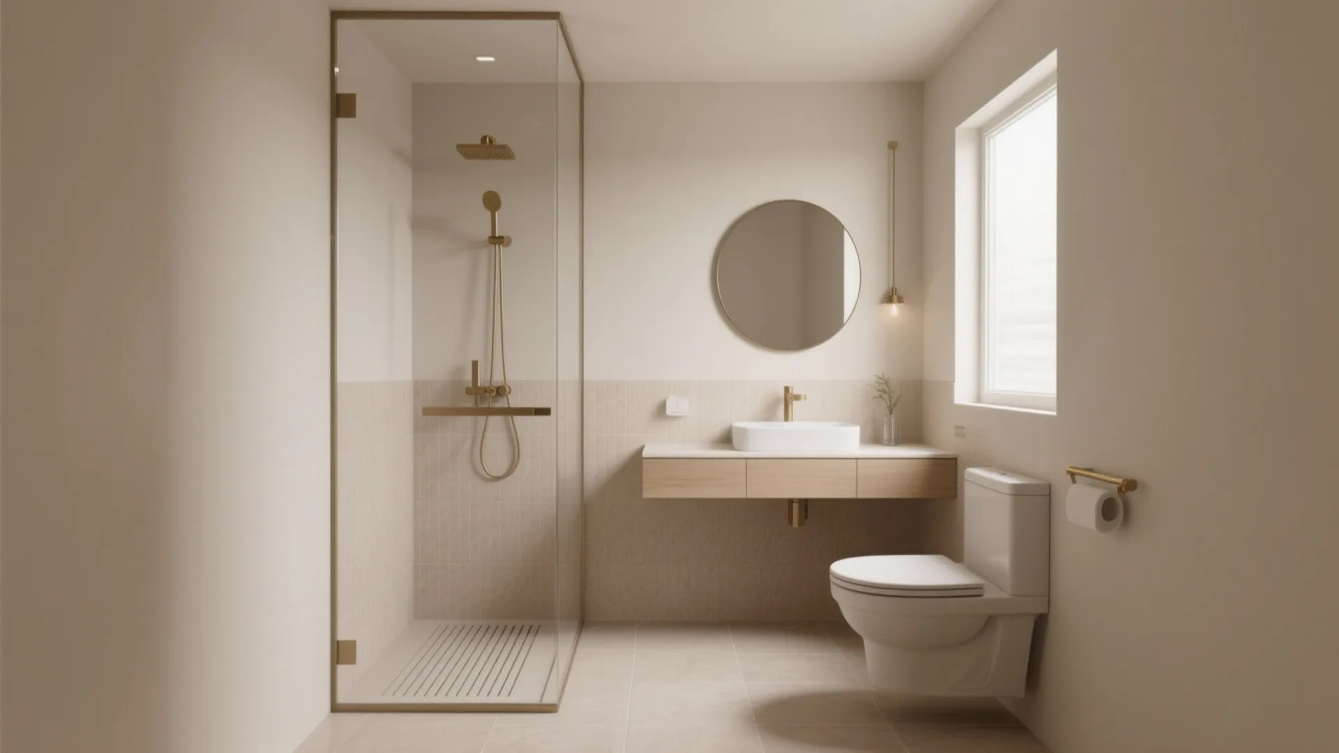 Neutral bathroom with glass shower door round mirror wooden cabinet white sink and gold hardware