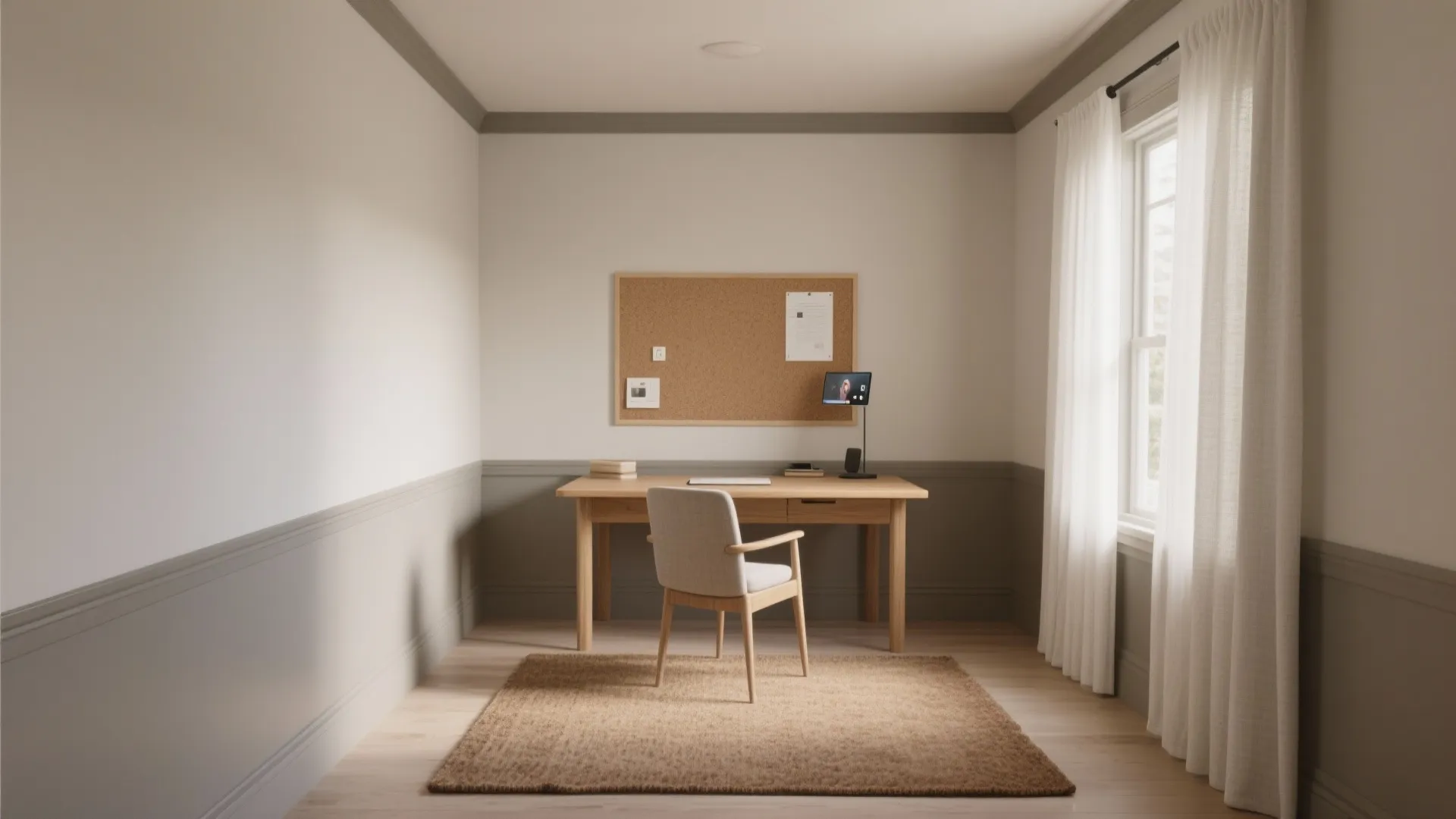 Minimalist home office featuring wooden desk, white chair, cork board, brown rug, and white curtains