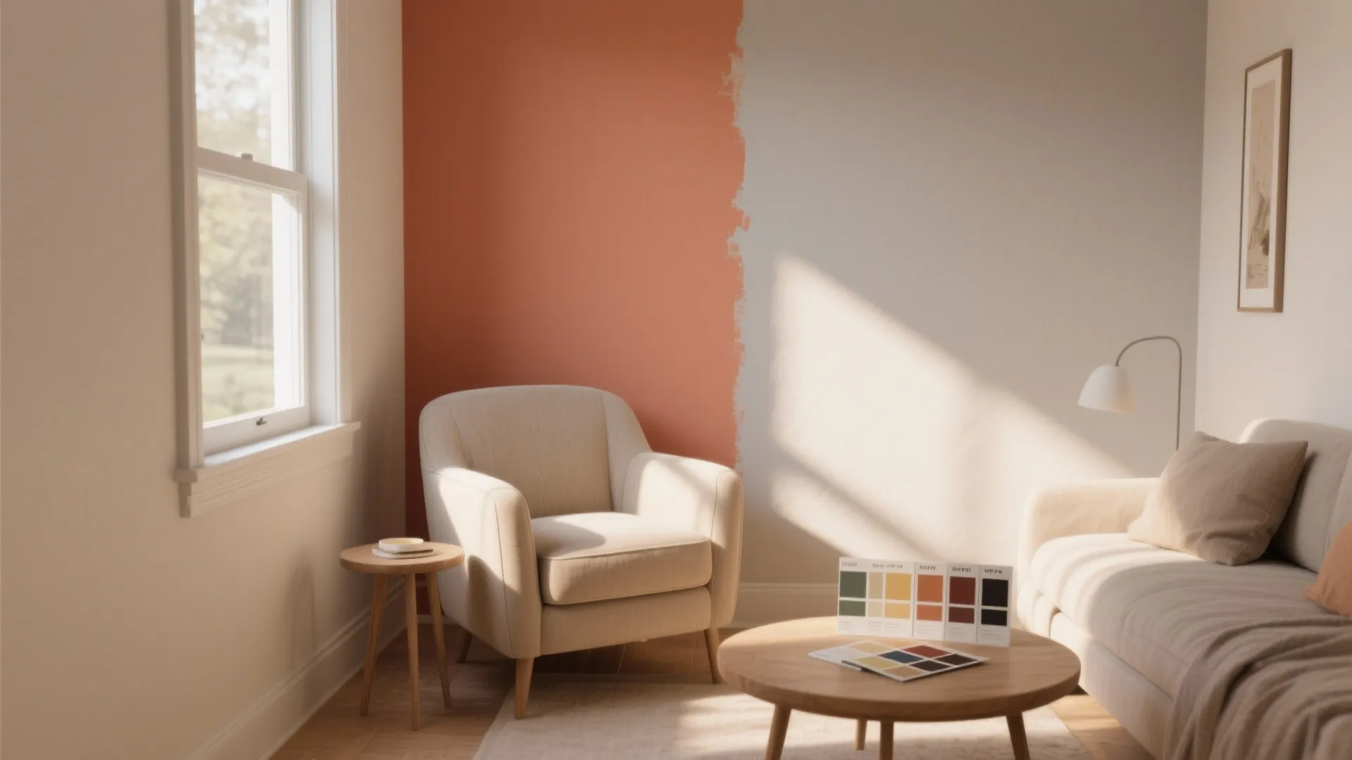Living room corner with orange accent wall cream armchair small wooden table and color swatches