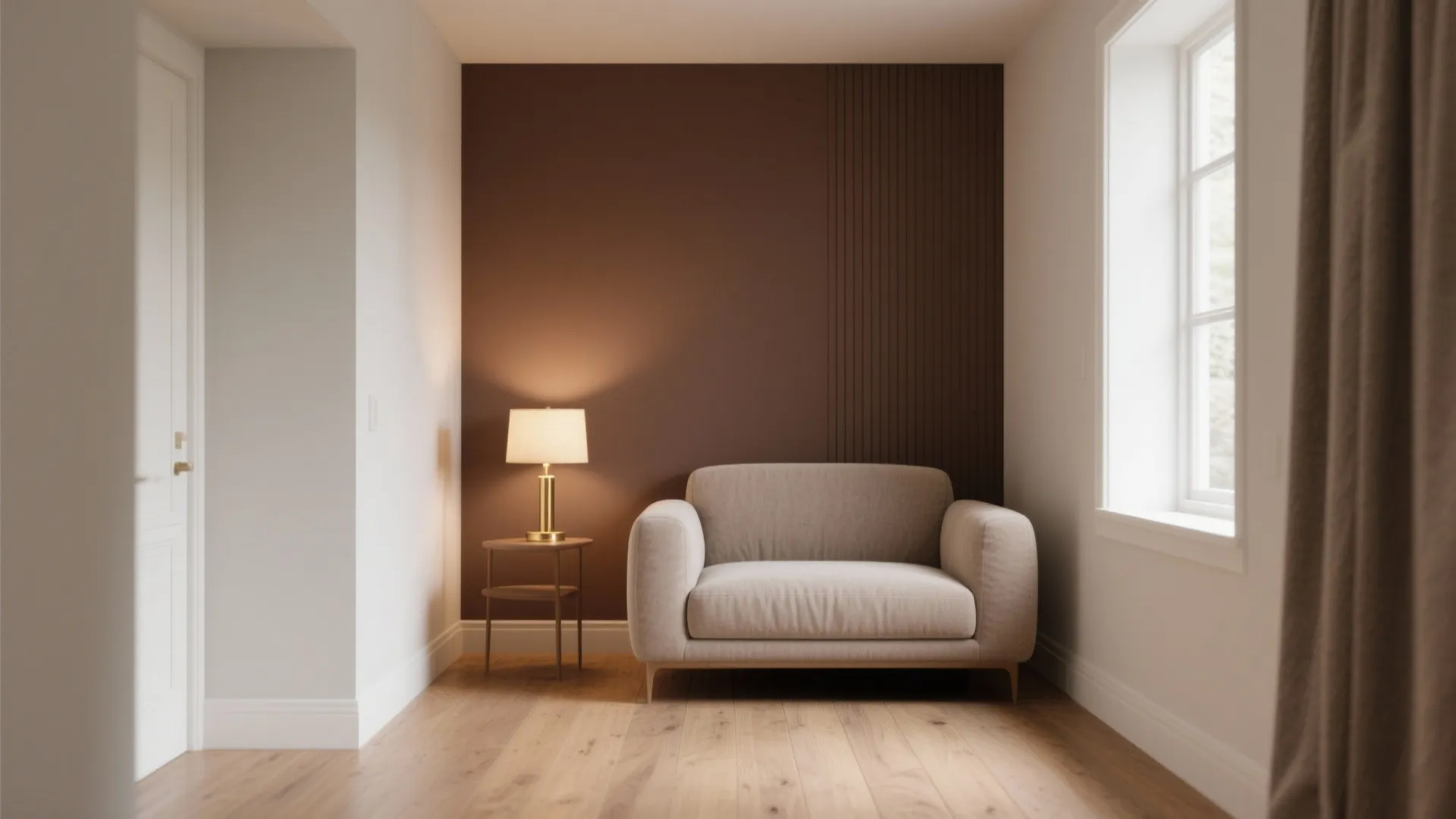 Small living space with warm greige walls and a single chocolate accent wall, wood floor and brass lamp.