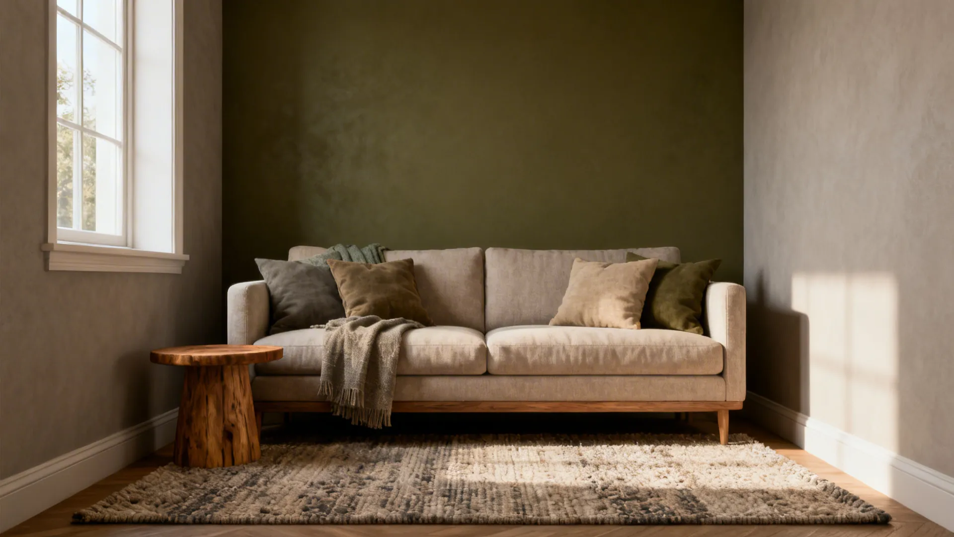 Compact living room with warm greige walls and a deep olive accent wall behind the sofa.
