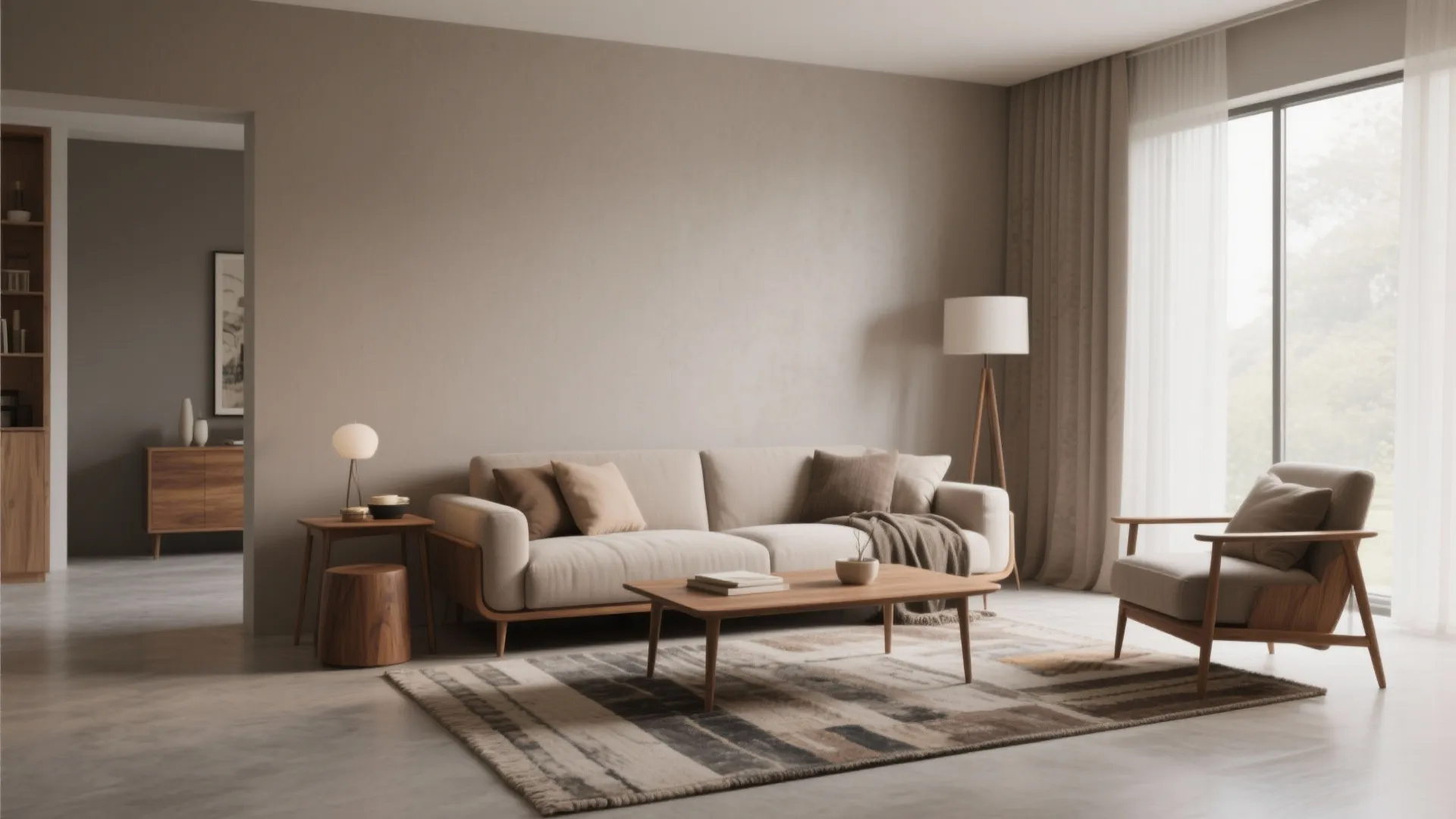 Modern living room with beige sofa wooden coffee table patterned rug floor lamp and large window