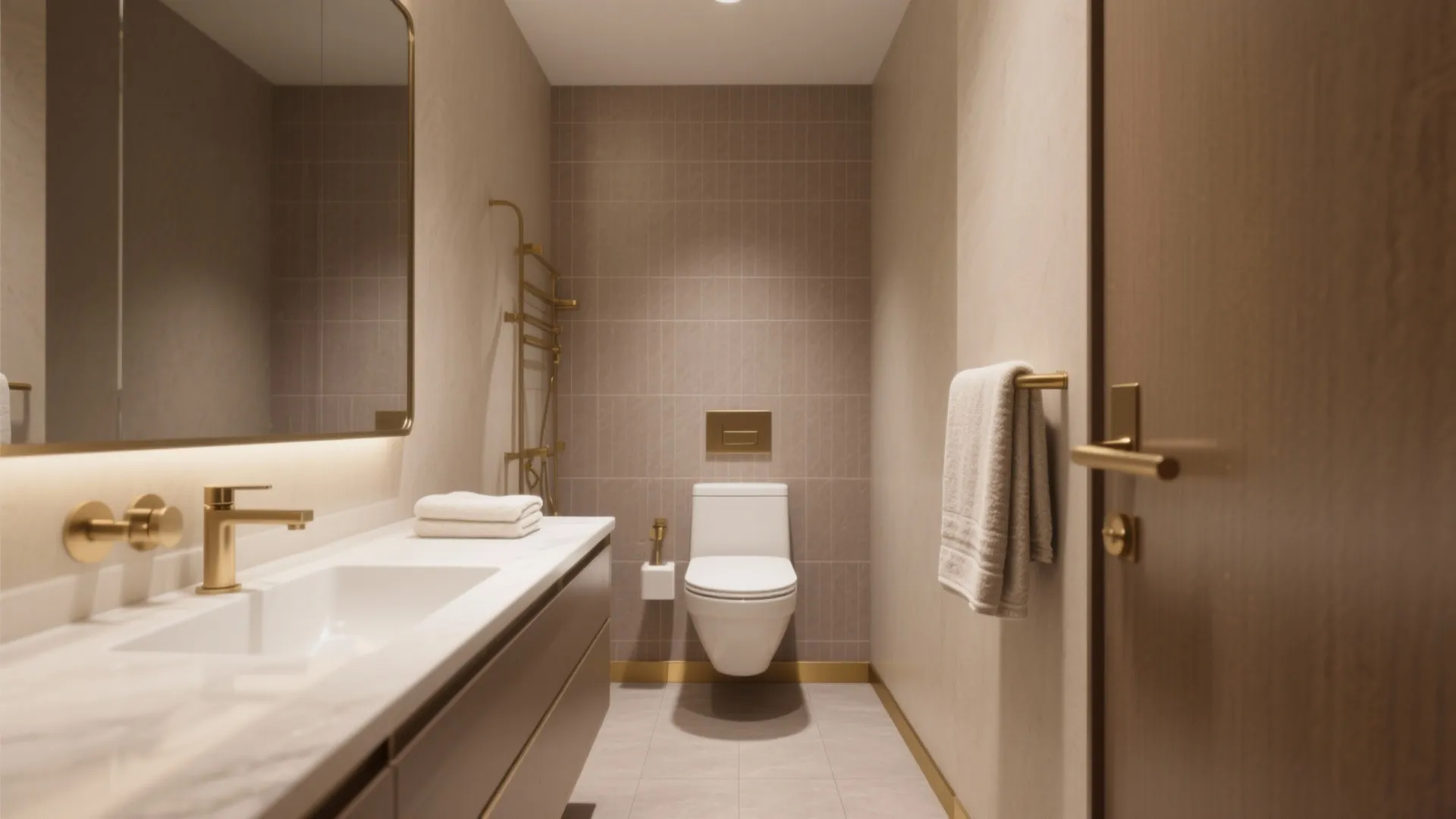 Narrow bathroom with pink tiled wall white toilet gold sink faucet large mirror and towels