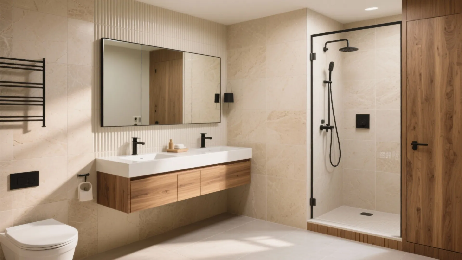 Warm neutral bathroom with stone-look tiles, teak-finish vanity, and fluted feature wall.