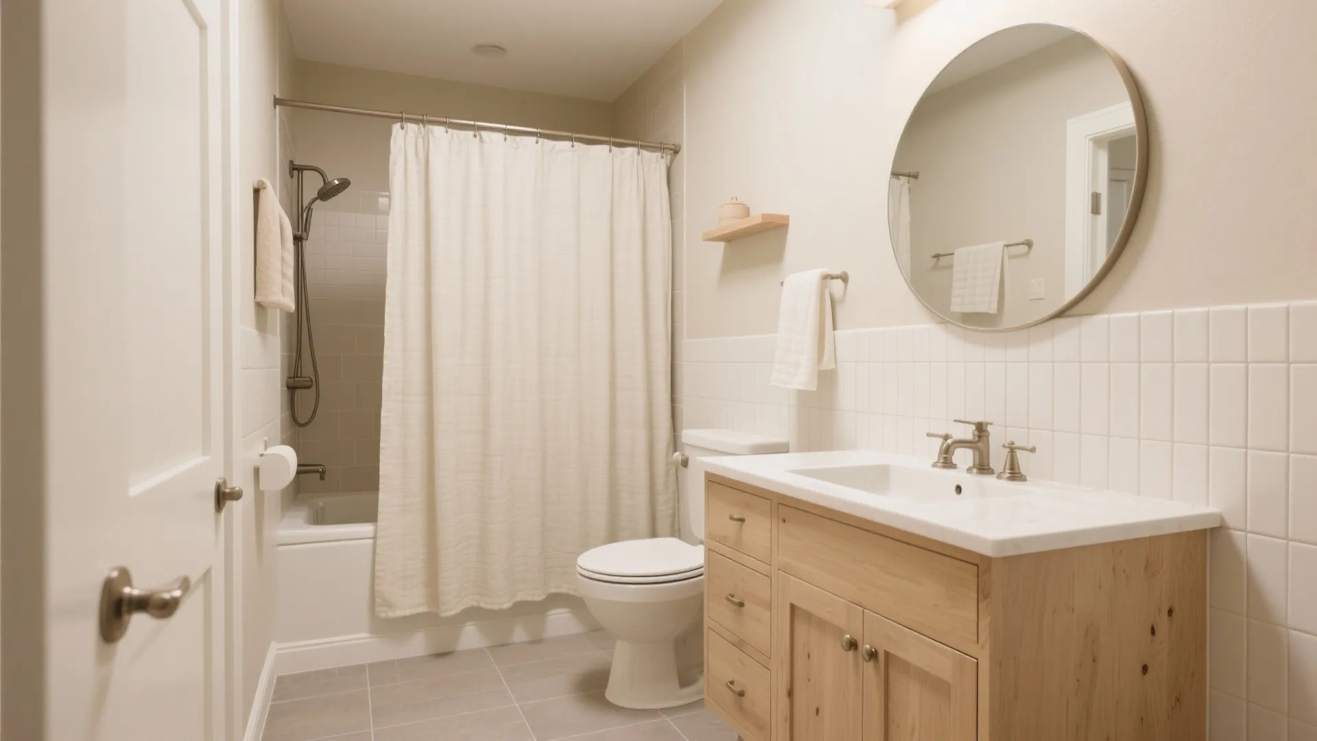 Small bathroom in warm greige and creamy off-white with ribbed tiles, light wood vanity, and soft daylight.