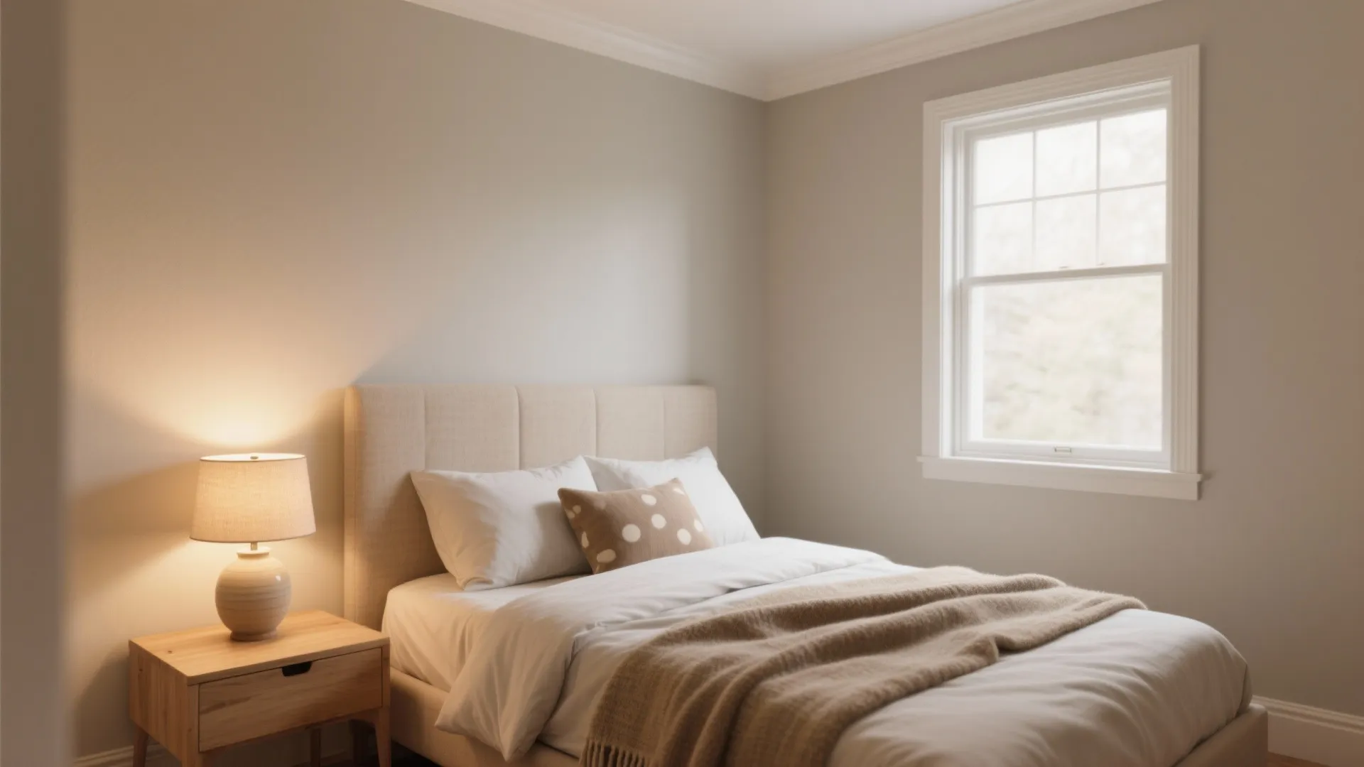 Warm neutral bedroom featuring a wooden bedside table with a small lamp and white windows