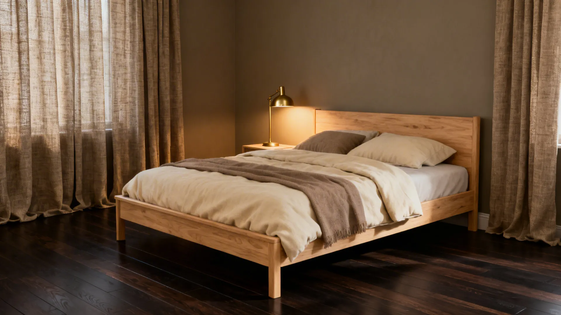 Bedroom with dark hardwood floors and warm greige walls paired with light maple furniture.
