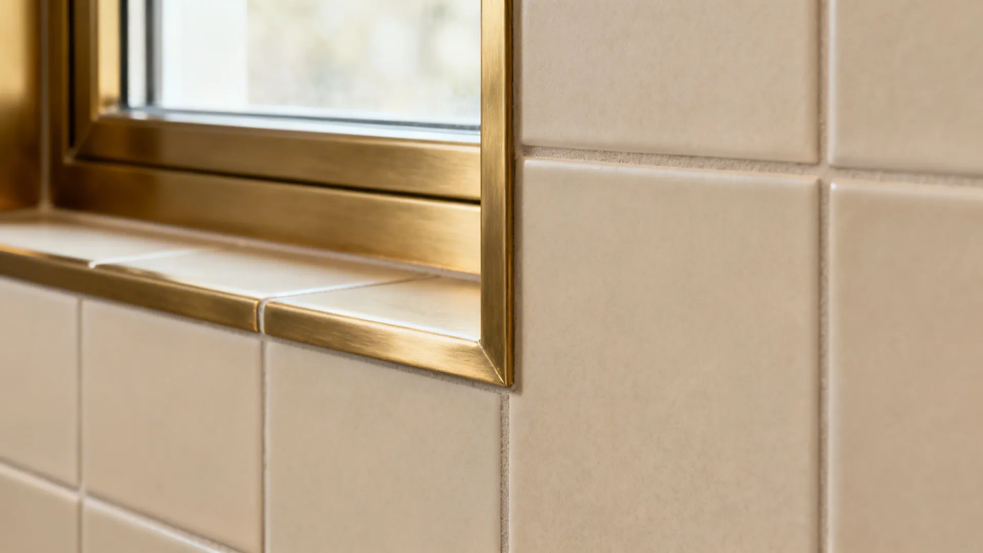 Close up of a gold metal window frame surrounded by neutral beige square wall tiles
