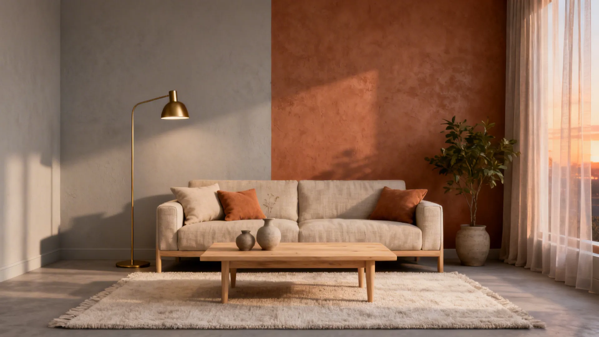 Small drawing room with greige walls and a terracotta clay accent behind a linen sofa.