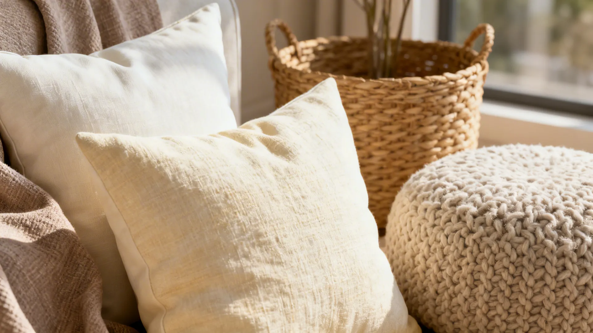 Soft white pillows with woven basket and knitted footrest in bright warm natural morning light