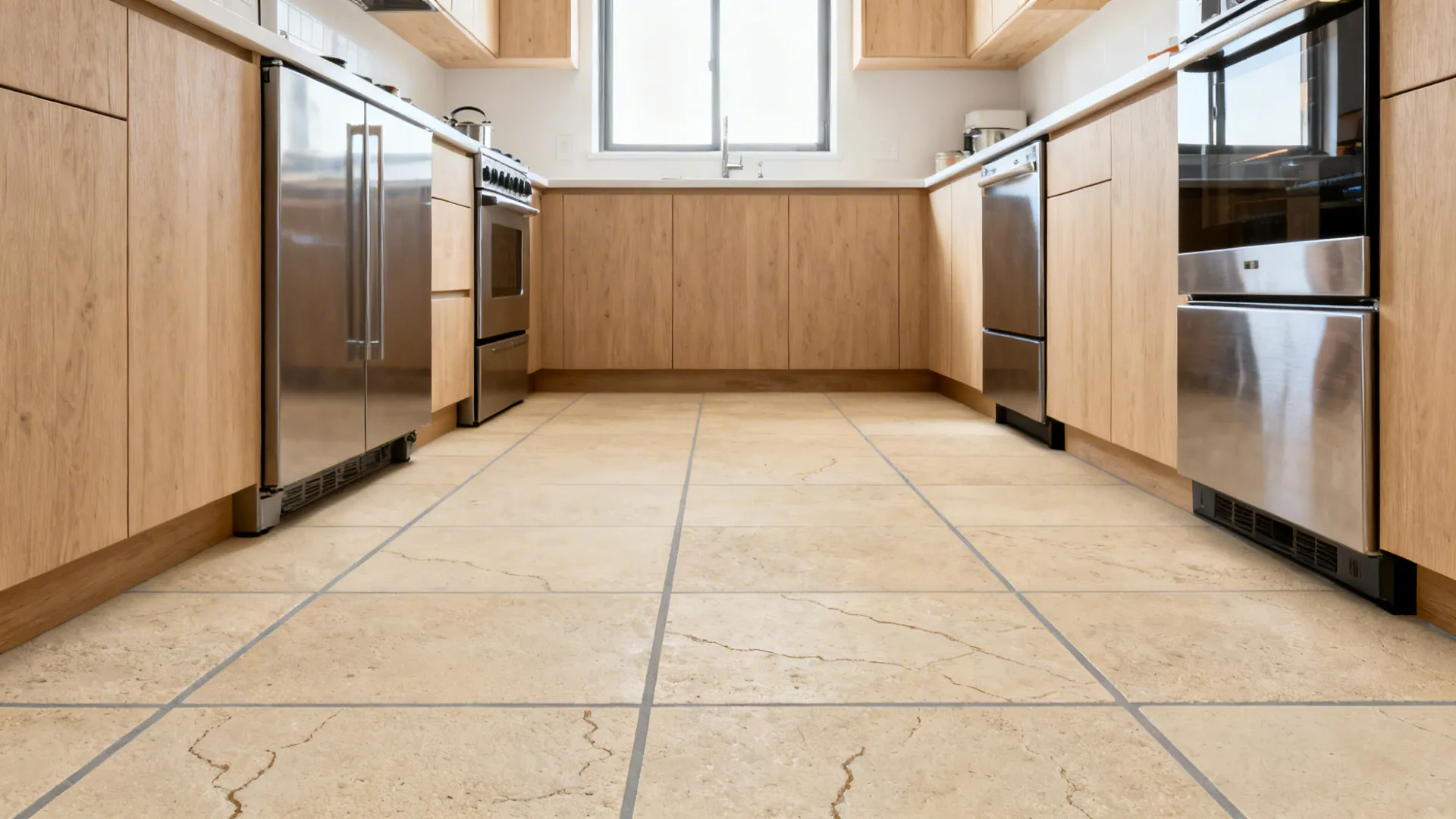 Modern kitchen with light wood cabinets stainless steel appliances and large square beige stone floor