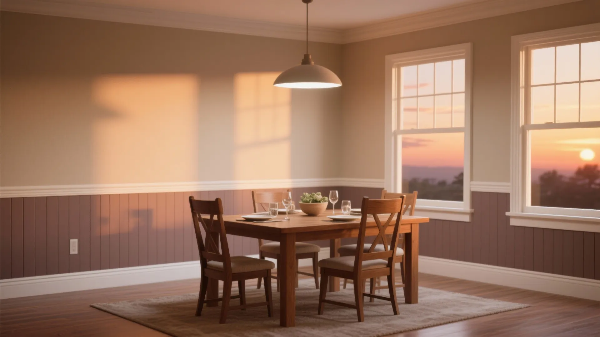 Warm dining area with brown wall panel wooden furniture sunset view through windows and ceiling light