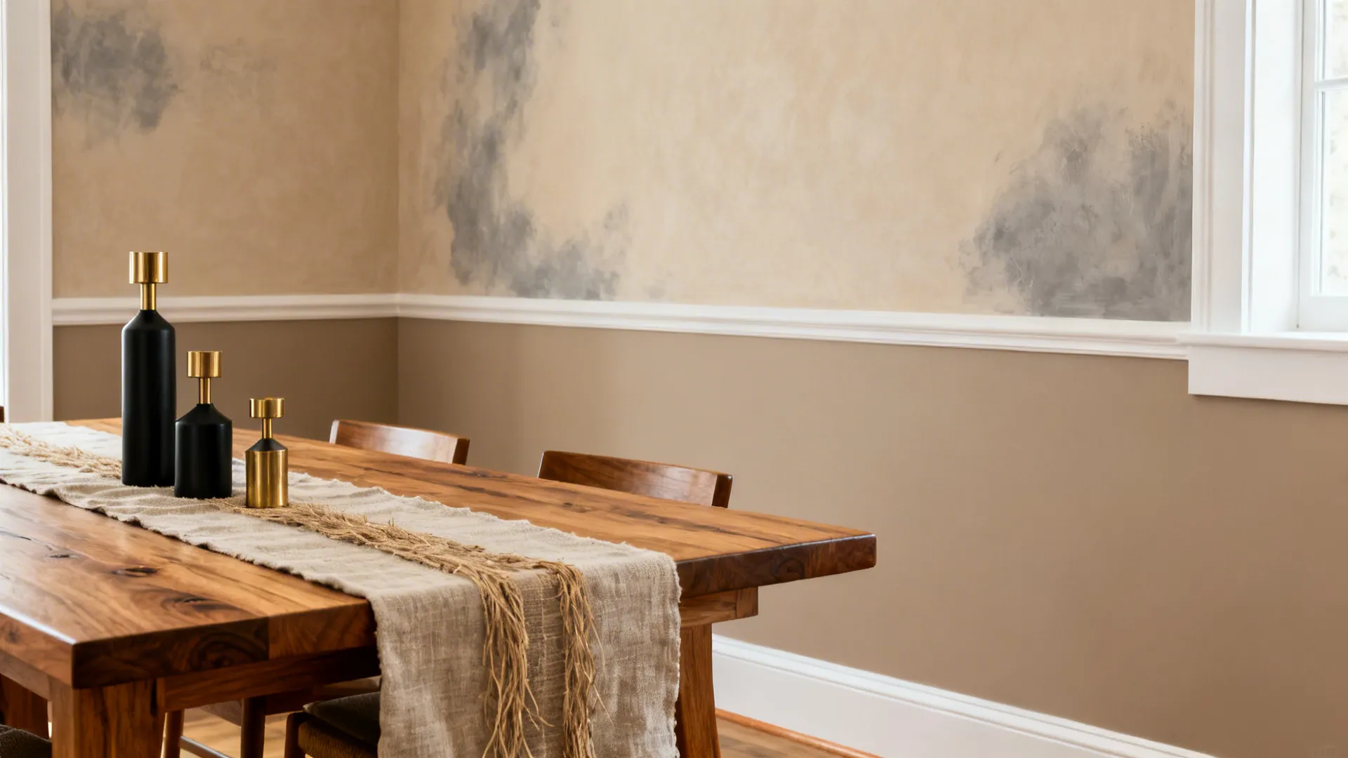 Dining room with warm beige walls, oak furniture, and brass accents under soft daylight.