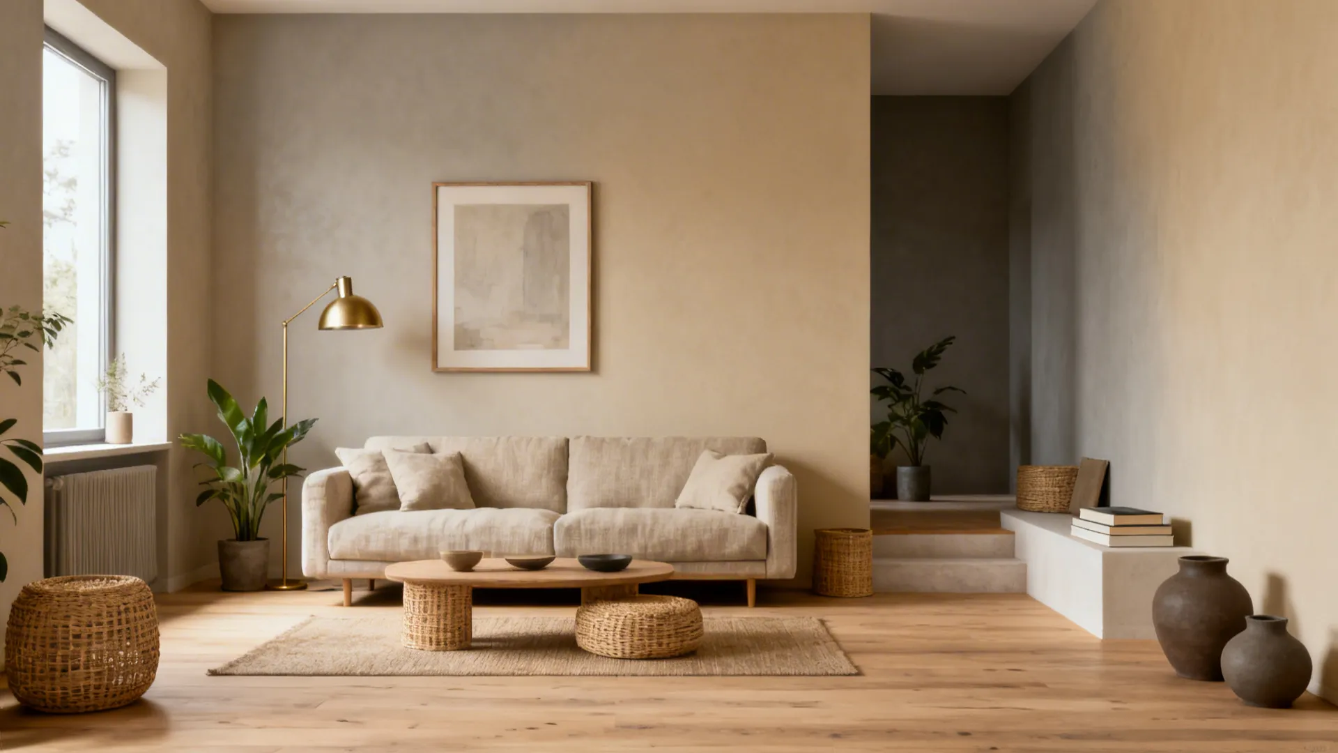 Warm greige and creamy beige living room with light wood, linen sofa, brass accents, and plants.
