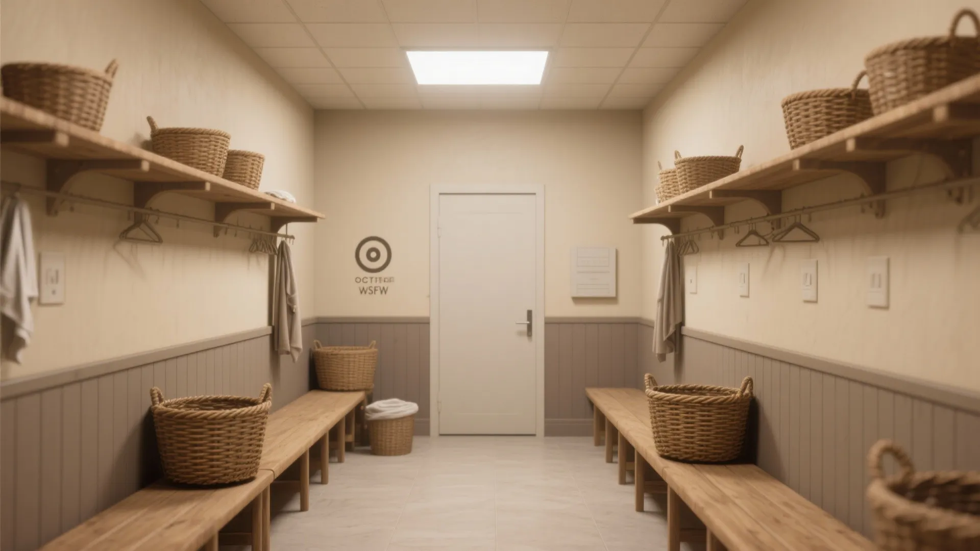Warm beige laundry room with wooden benches baskets on shelves and a white closed door