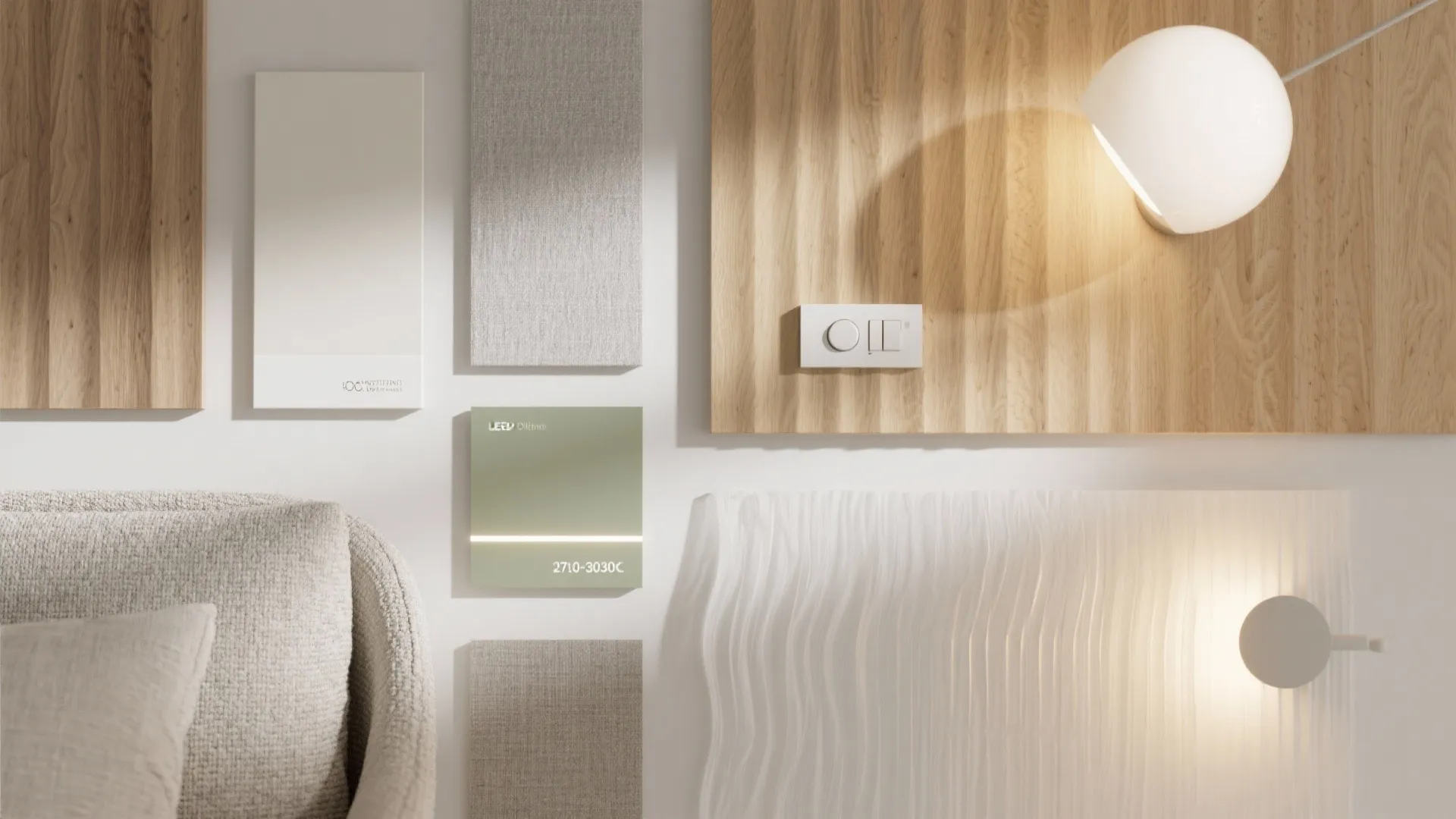 Flat lay of warm whites, soft grays, wood veneers, sage accents and lighting samples for layered interiors.