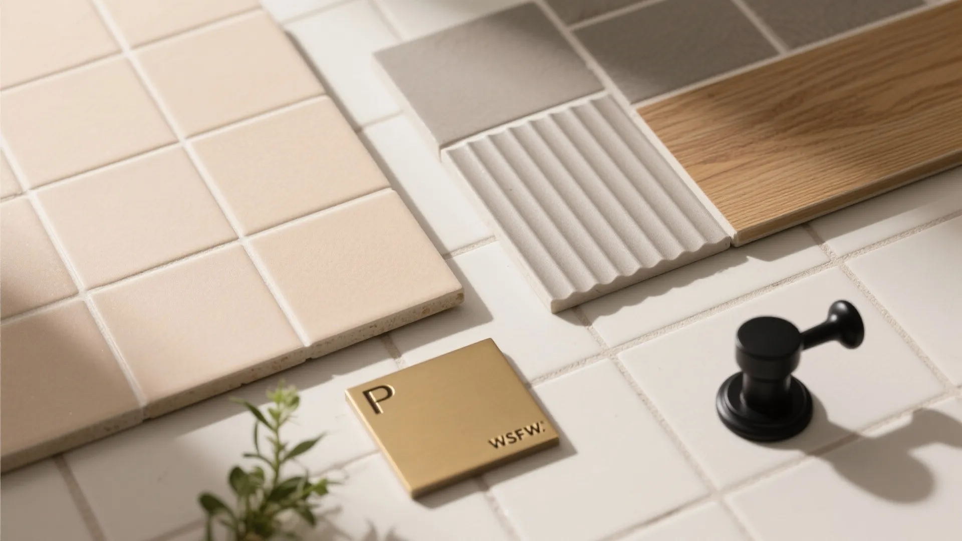 Flatlay of bathroom material samples including beige tiles wood flooring grey textures and gold hardware