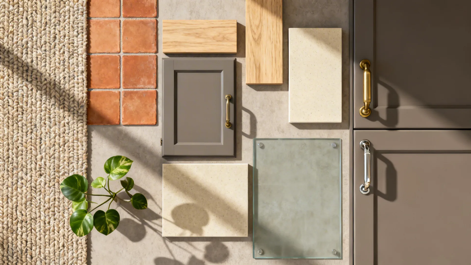 Flatlay of warm grey cabinetry, oak, matte beige quartz, satin glass, brushed brass, terra-cotta, and rug texture.