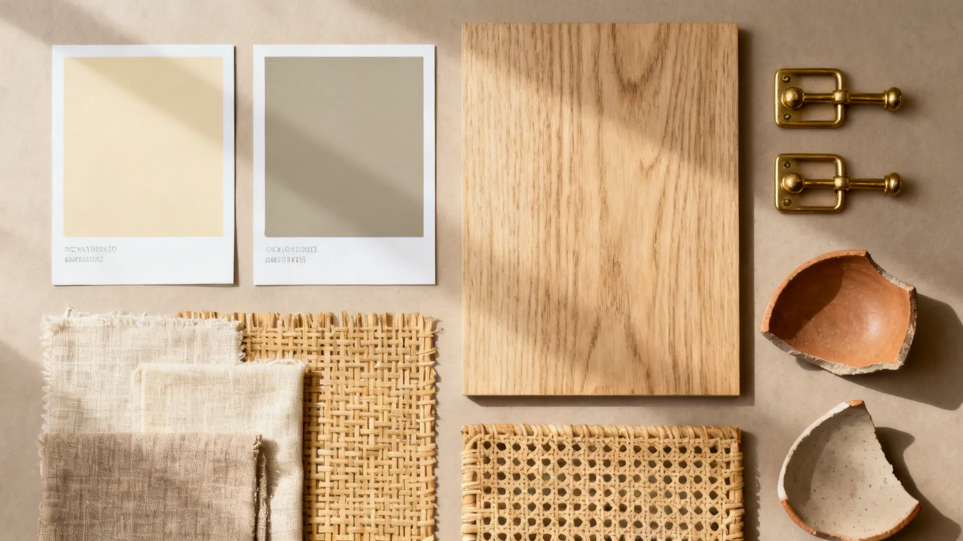 Flatlay of warm beige and greige swatches with oak, brass, linen, cane, and matte ceramic textures.