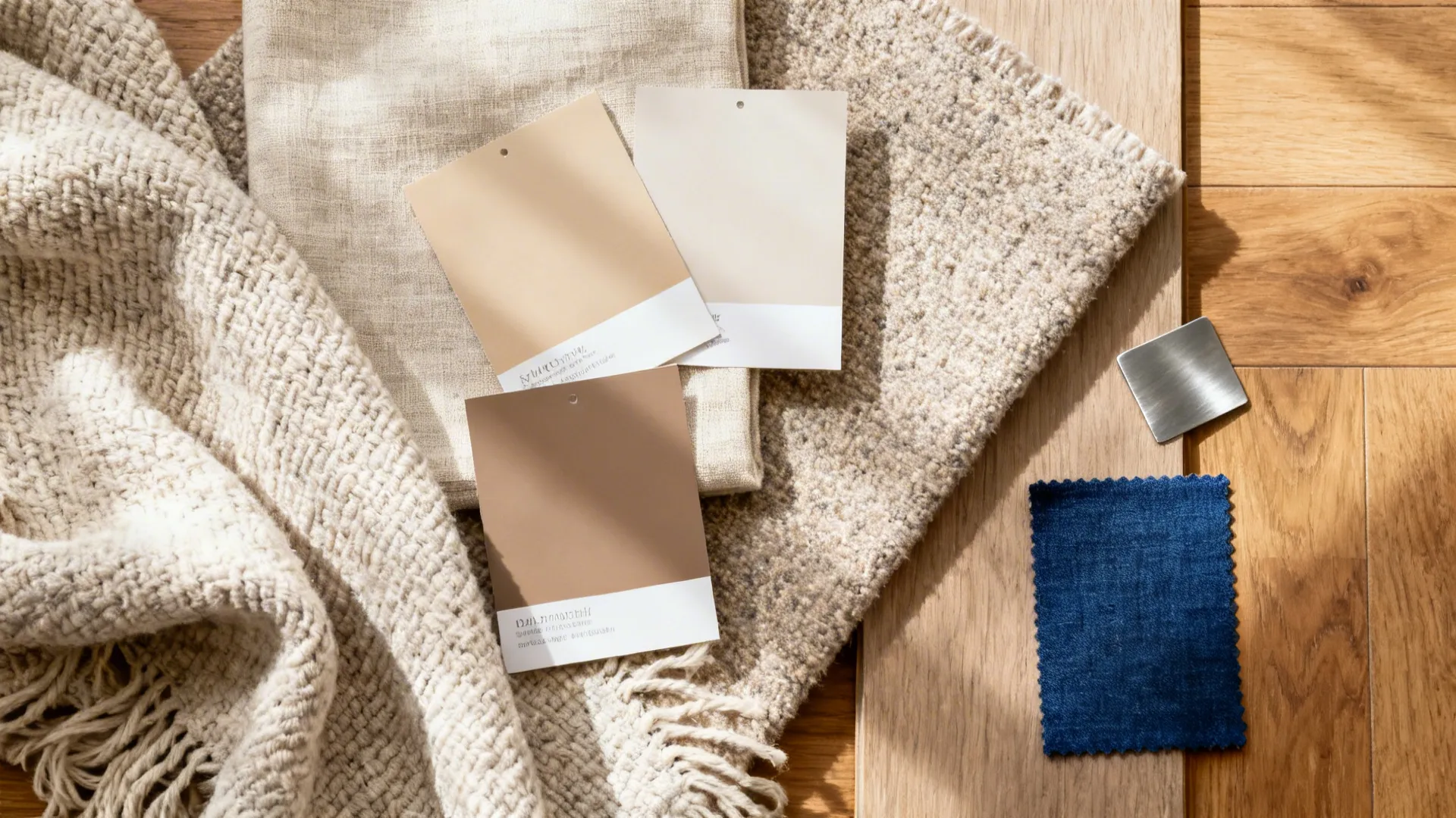Interior design materials flat lay with neutral color swatches and fabric samples on wood floor