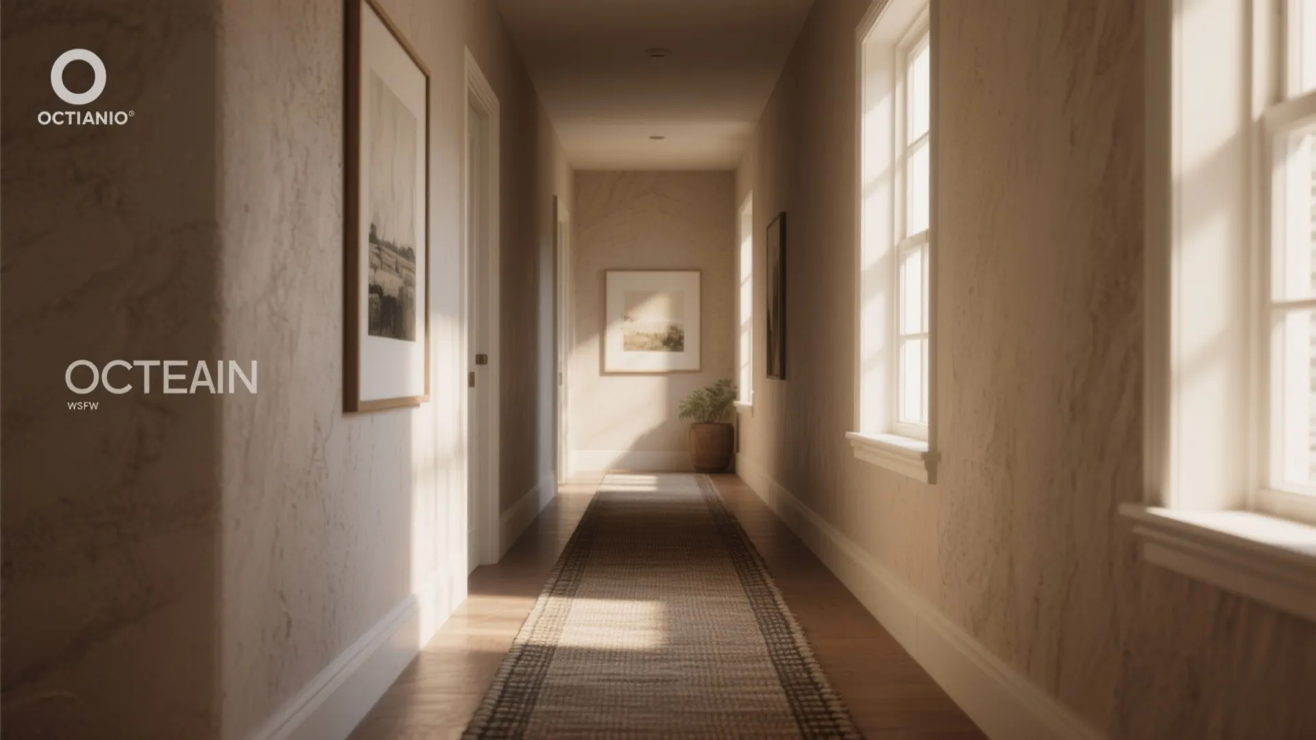 Warm neutral hallway with textured walls, long floor rug, wooden floor, and soft natural sunlight