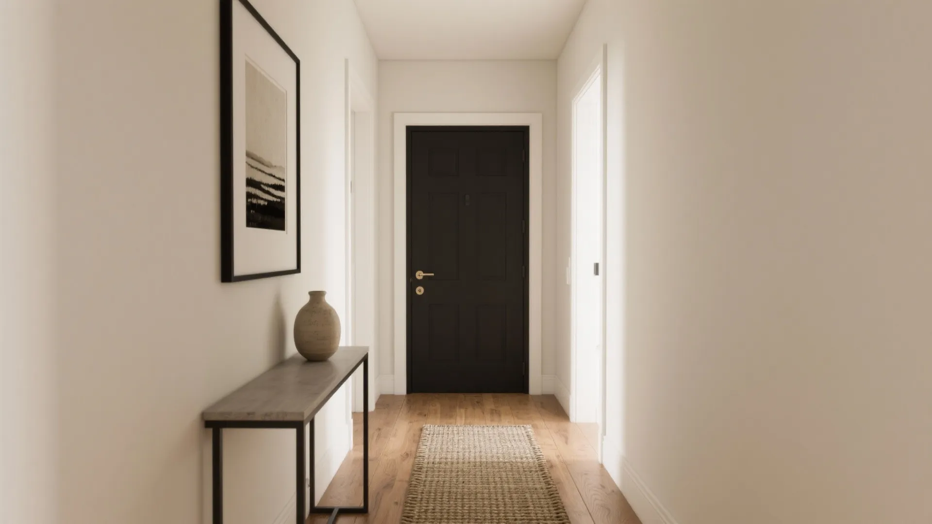 Modern hallway with black door wood floor long table picture frame and light white walls