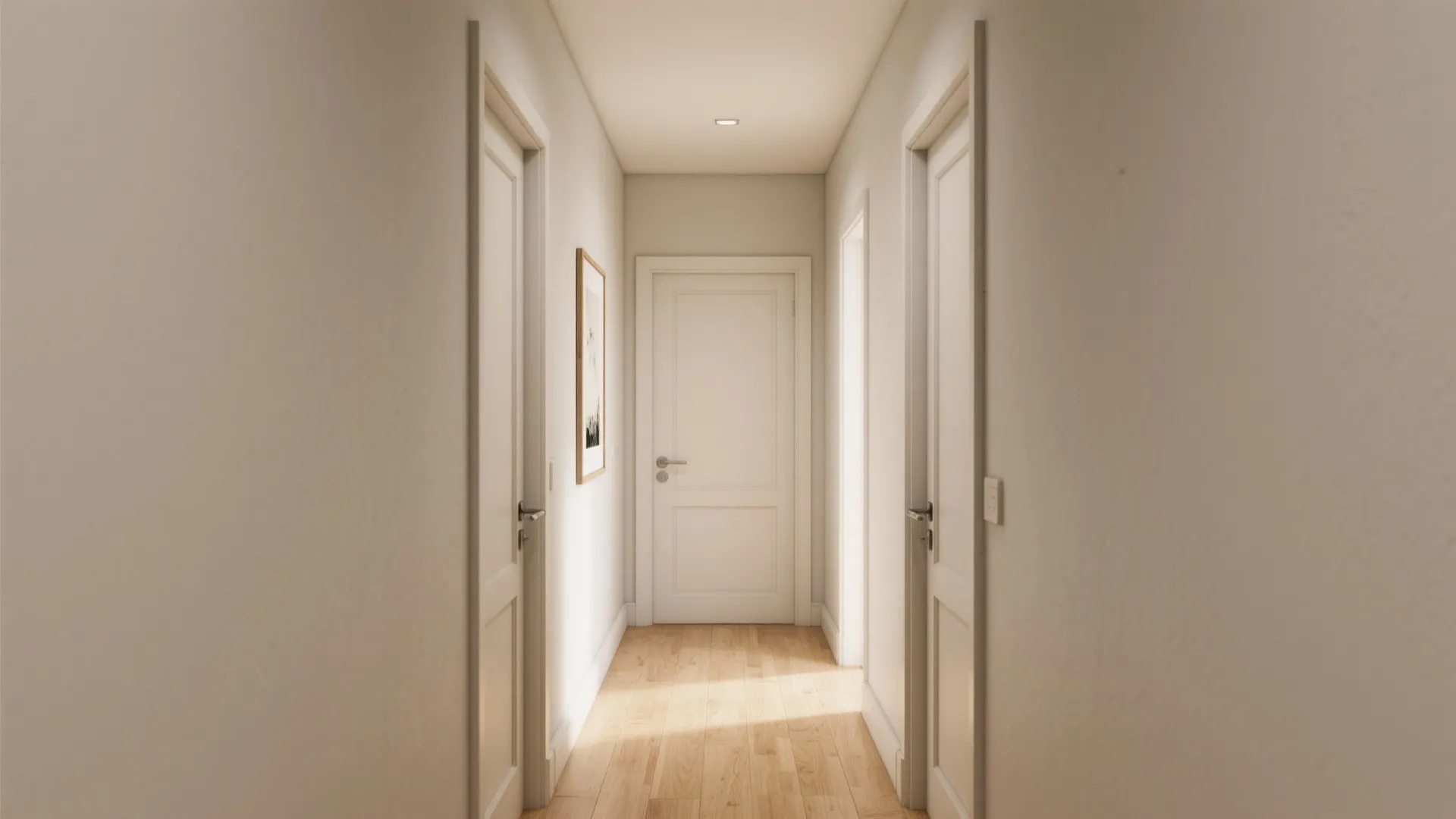 Narrow hallway in creamy greige with satin trim, soft daylight and light wood flooring.