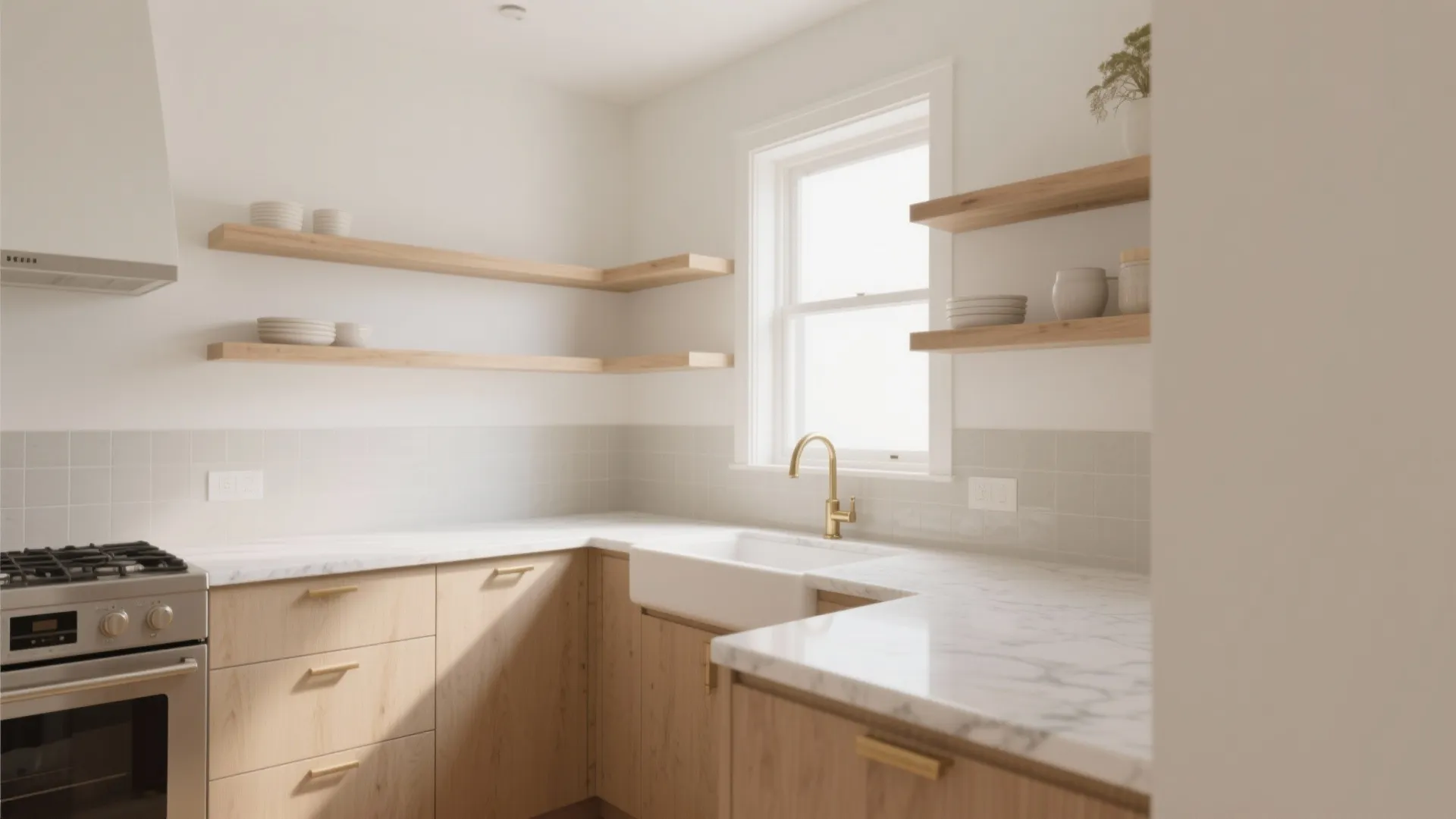 Bright kitchen featuring light wood cabinets marble countertops open wooden shelves and a white sink