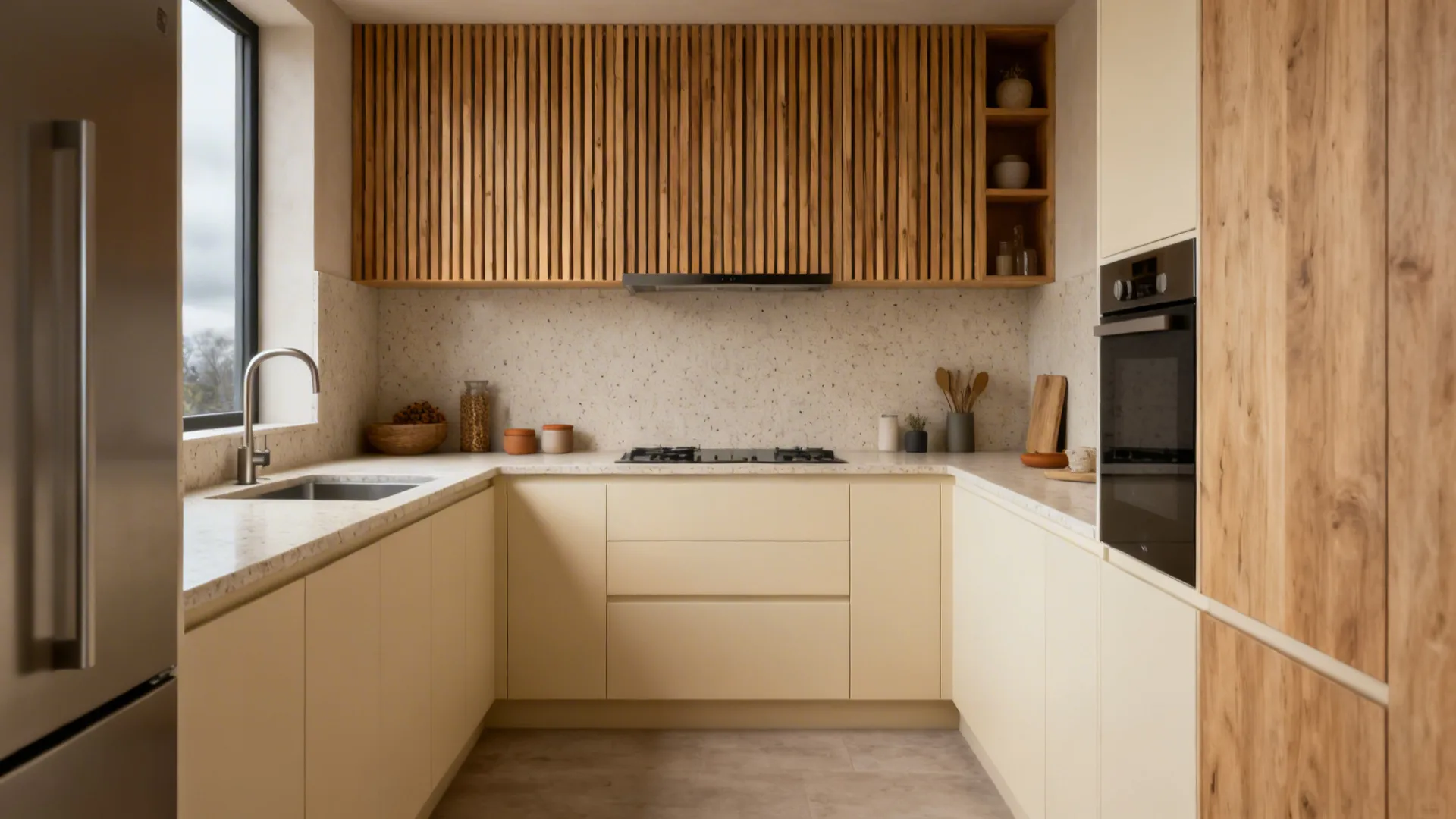 Compact kitchen with beige cabinetry, wood accents, matte metals, and hygienic finishes.