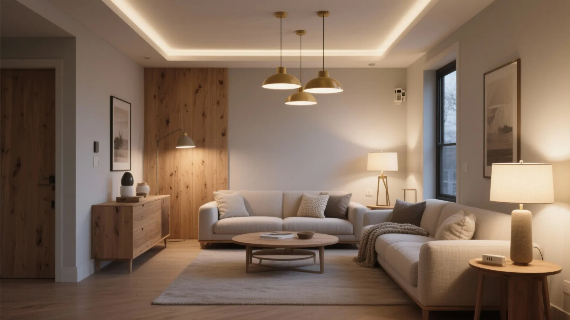 Warm Wood + Soft Neutrals + Layered Lighting