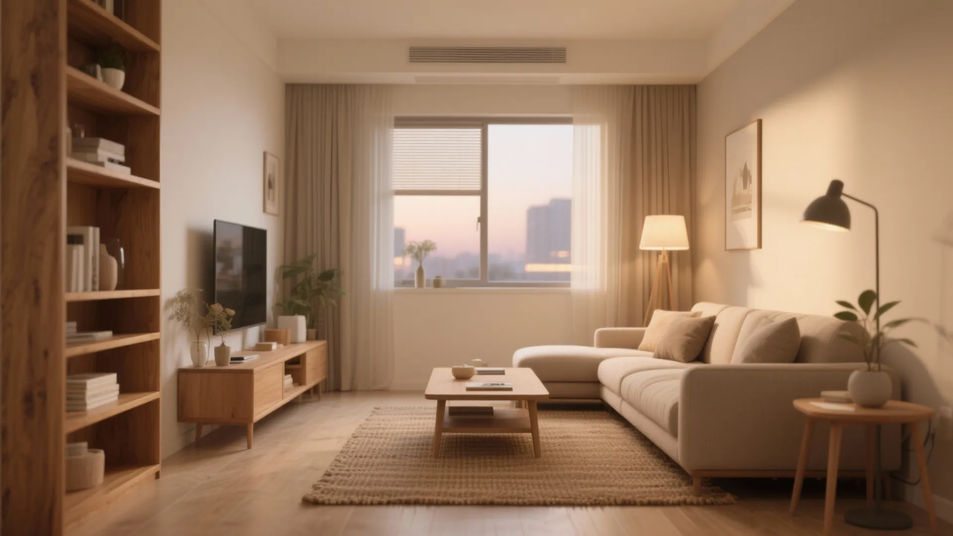 Cozy living room with beige sofa wooden bookshelves coffee table and warm evening window light