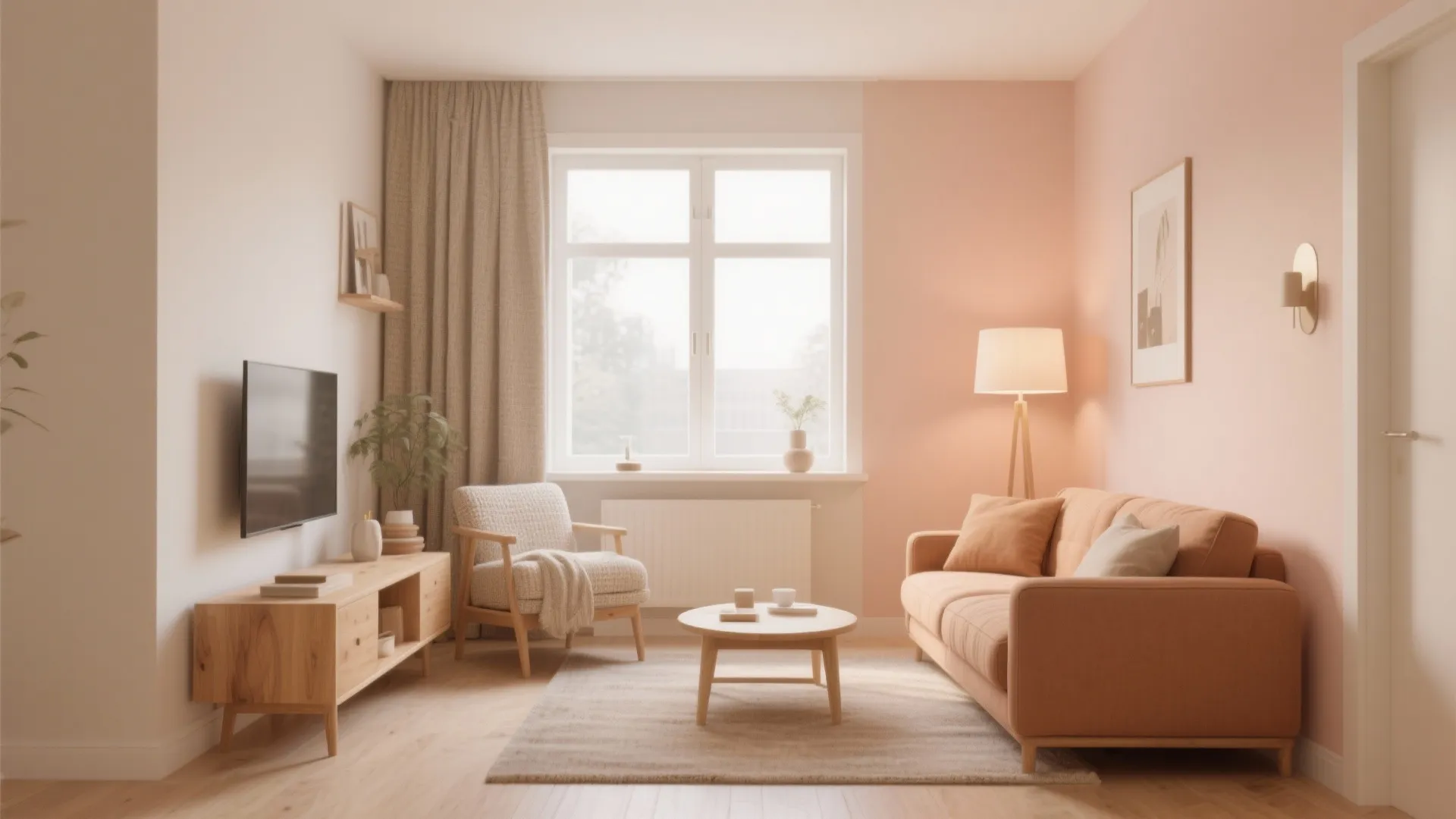 Cozy living room with peach walls orange sofa wooden cabinet coffee table and large bright window