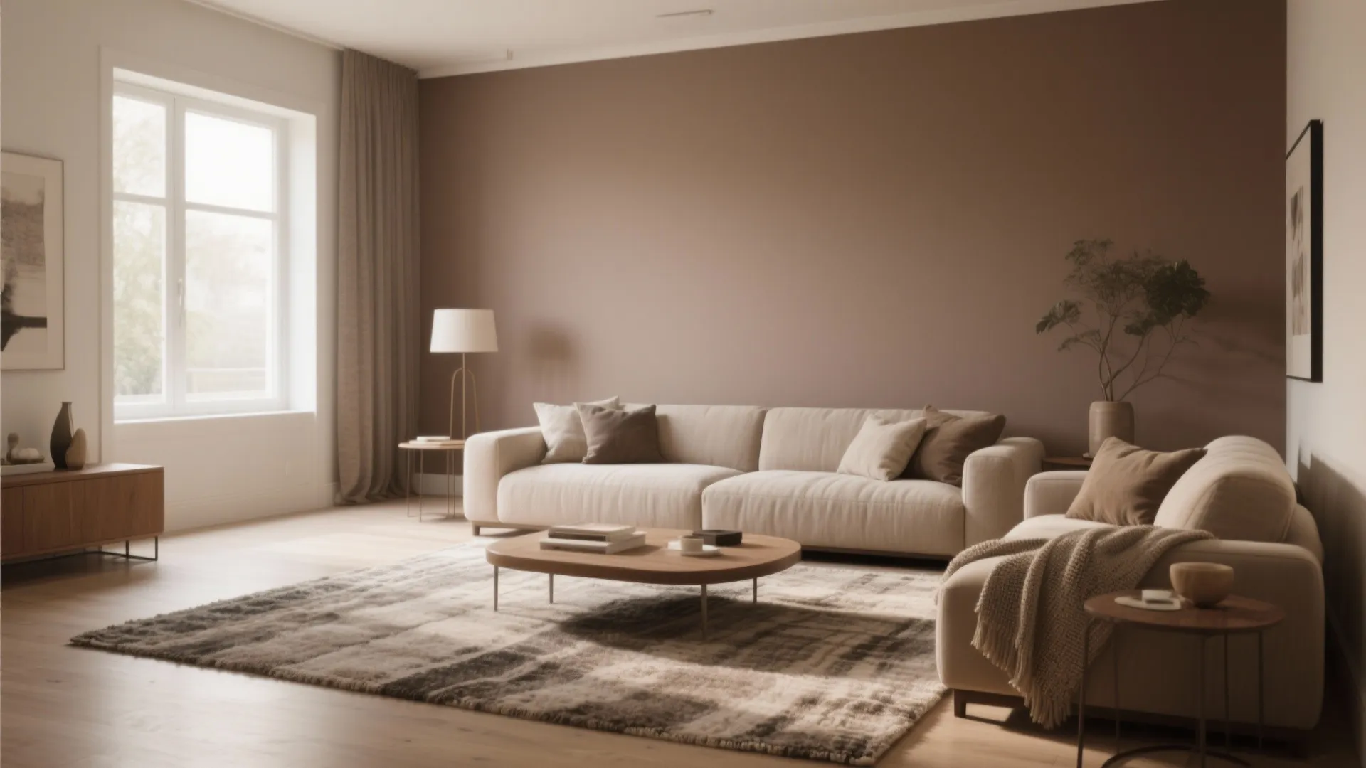 Minimalist warm living room with beige sofa coffee table checkered rug table lamp and large window