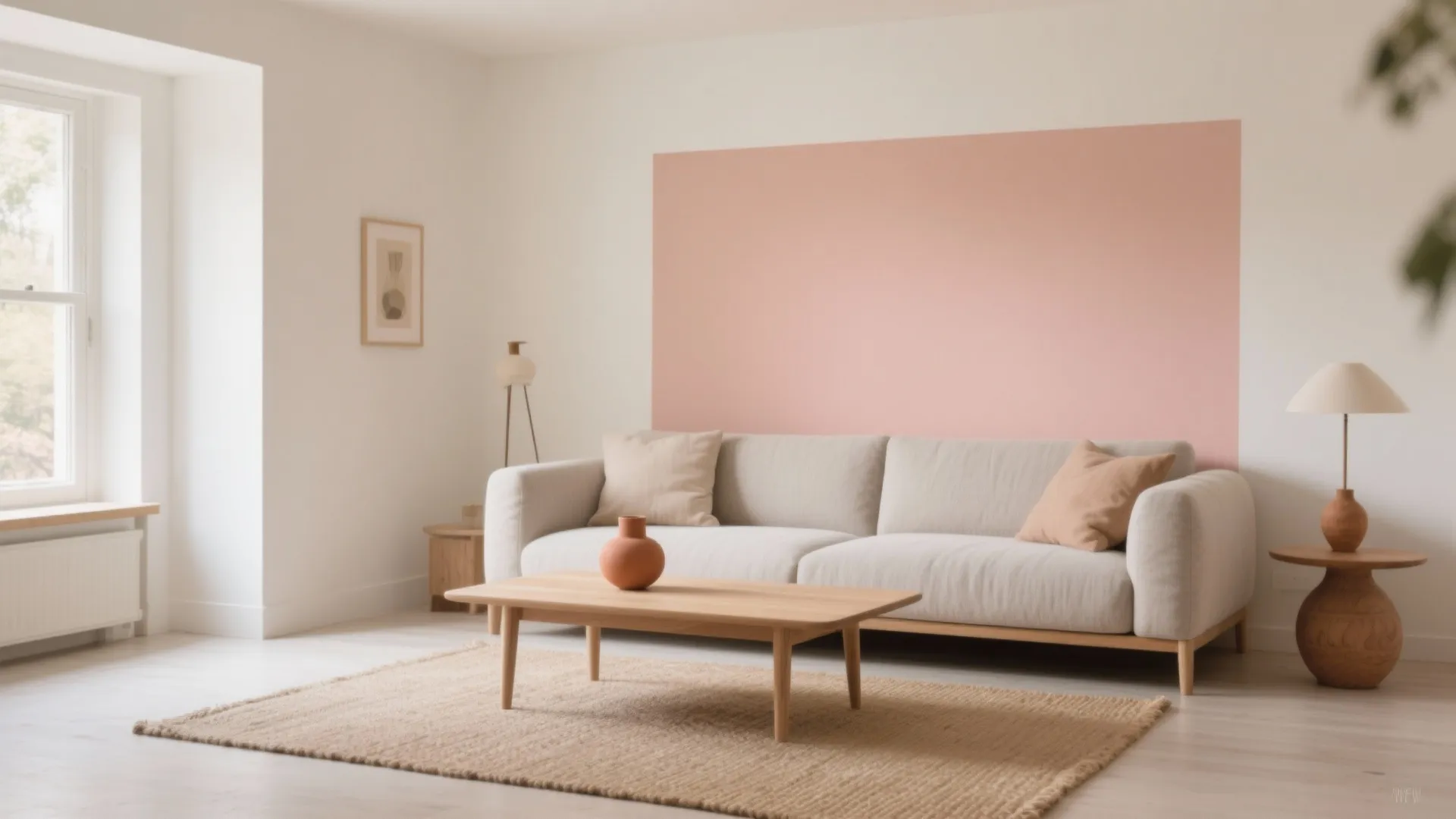 Minimalist living room with beige sofa wooden coffee table pink wall panel and a floor rug