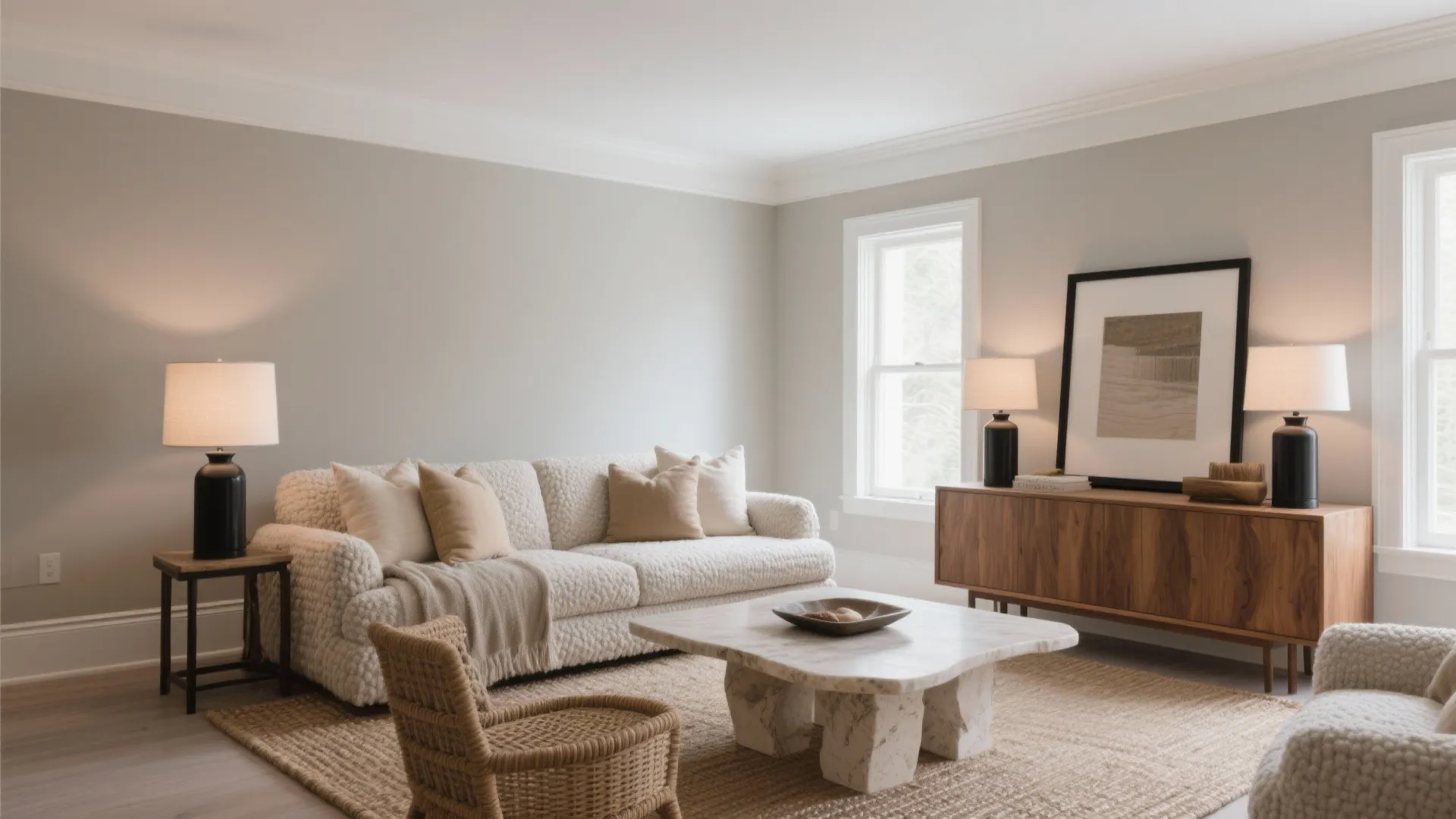 Neutral living room with cream sofa wooden cabinet marble coffee table and soft warm lighting