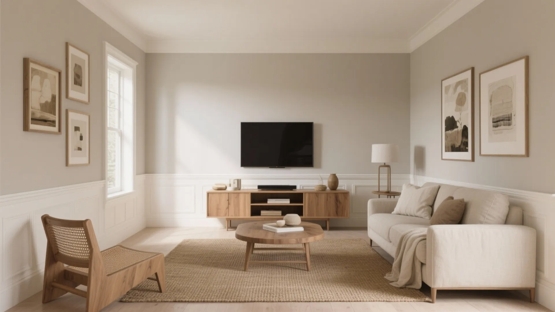 Warm neutral living room with wooden cabinet, sofa, coffee table, wall panel, and framed art
